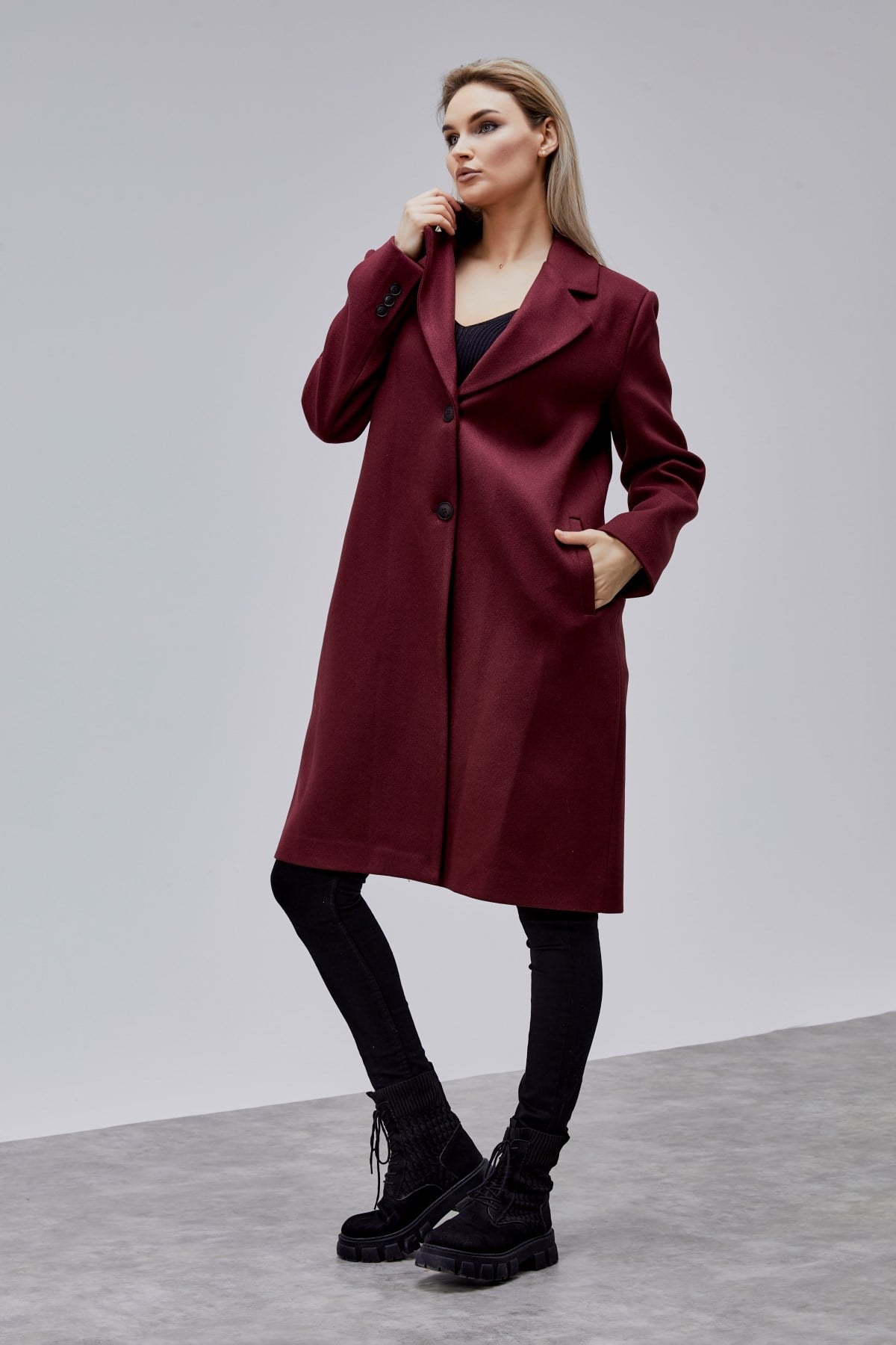 Rosalia Bordo Oversize Kruvaze Kaşe Kaban
