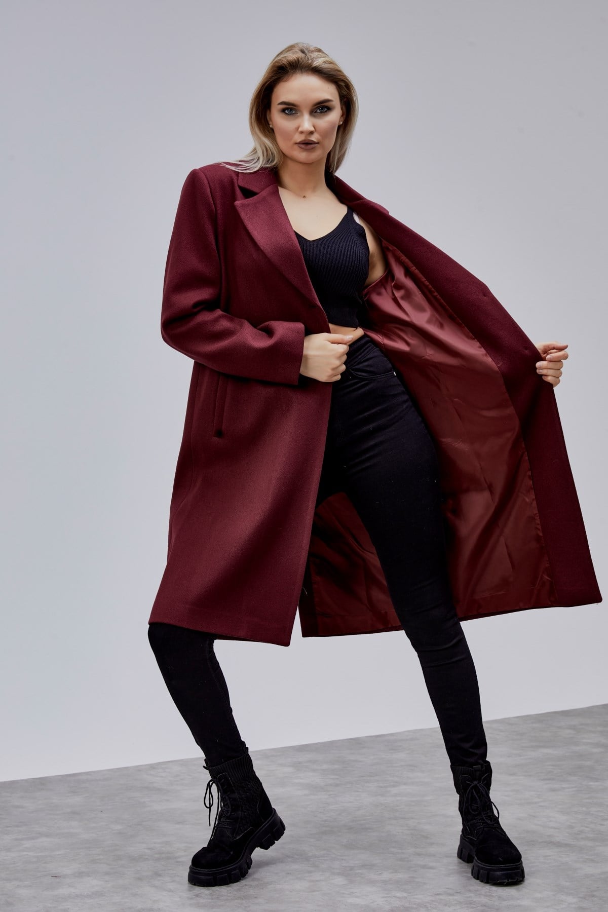 Rosalia Bordo Oversize Kruvaze Kaşe Kaban