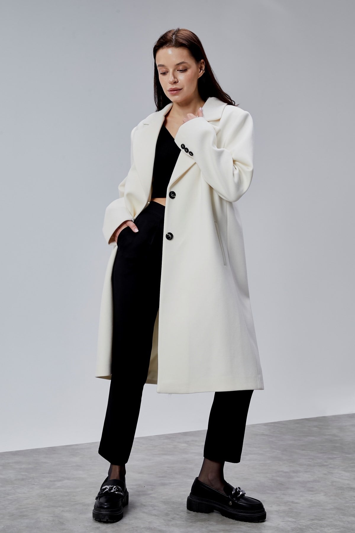 Rosalia Ekru Oversize Kruvaze Kaşe Kaban