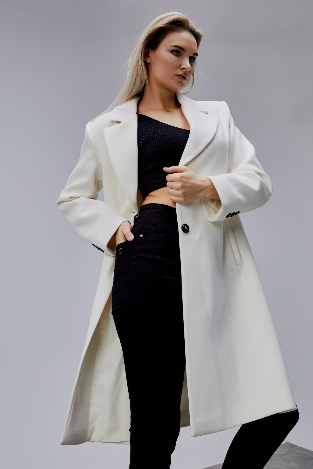 Rosalia Ekru Oversize Kruvaze Kaşe Kaban
