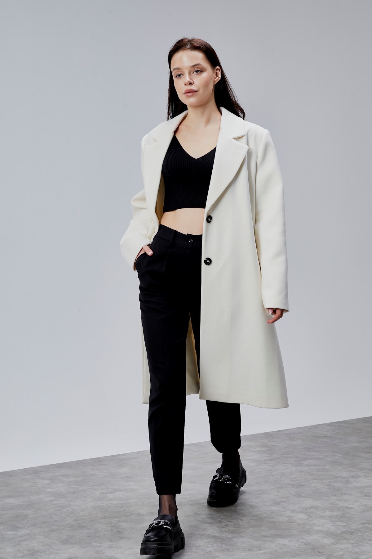 Rosalia Ekru Oversize Kruvaze Kaşe Kaban
