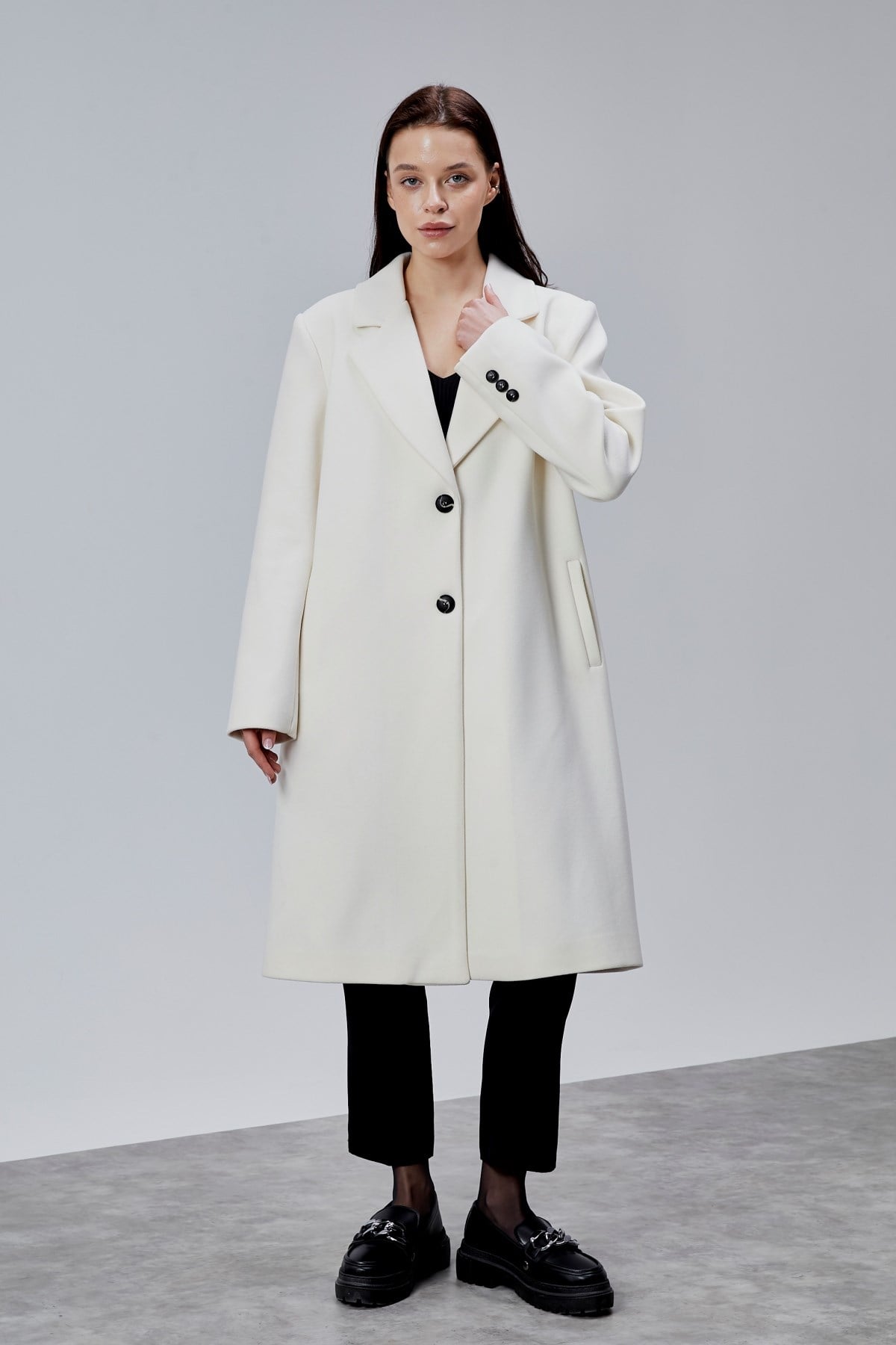 Rosalia Ekru Oversize Kruvaze Kaşe Kaban