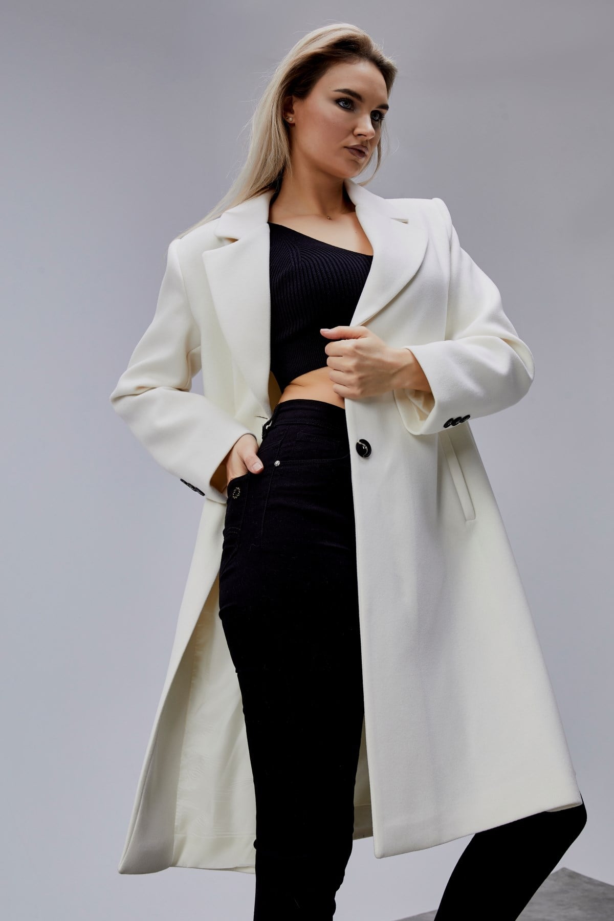 Rosalia Ekru Oversize Kruvaze Kaşe Kaban