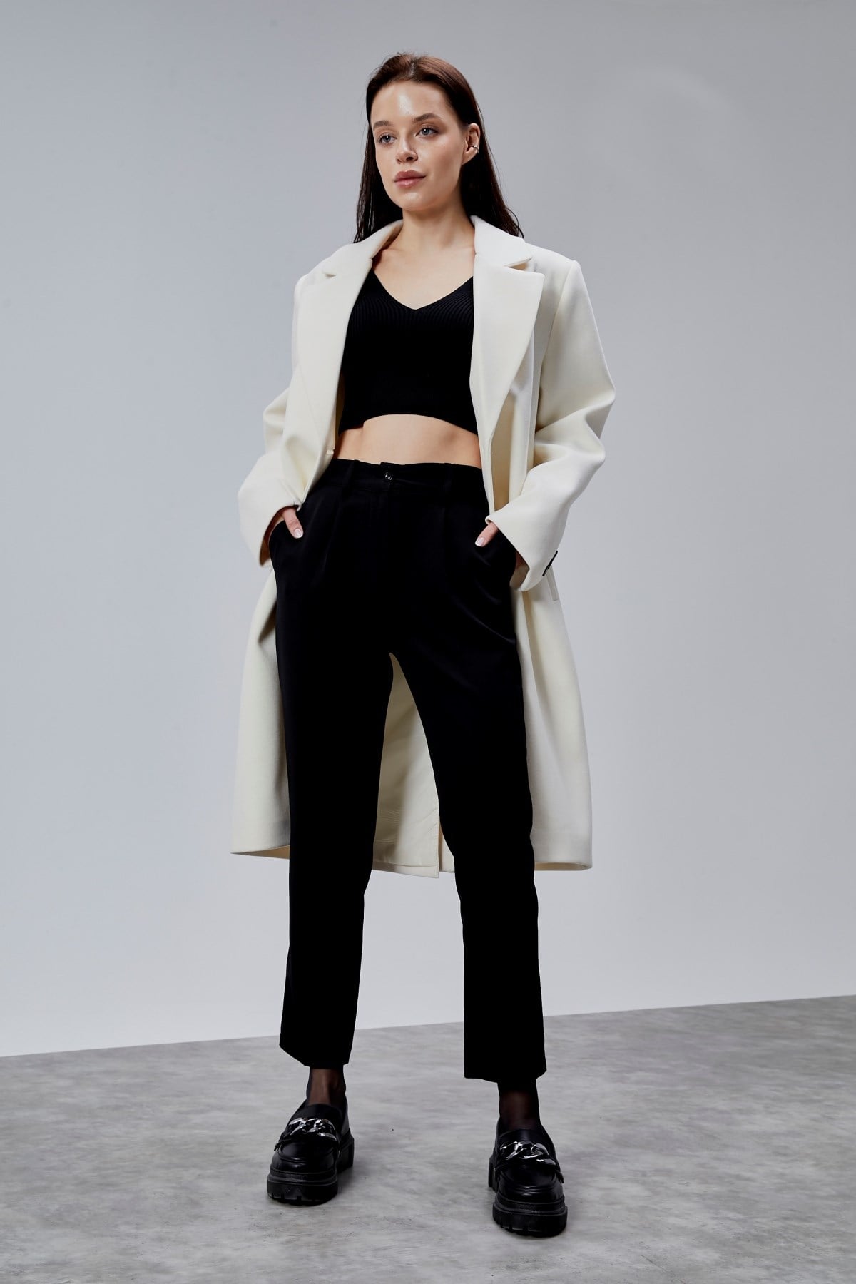 Rosalia Ekru Oversize Kruvaze Kaşe Kaban