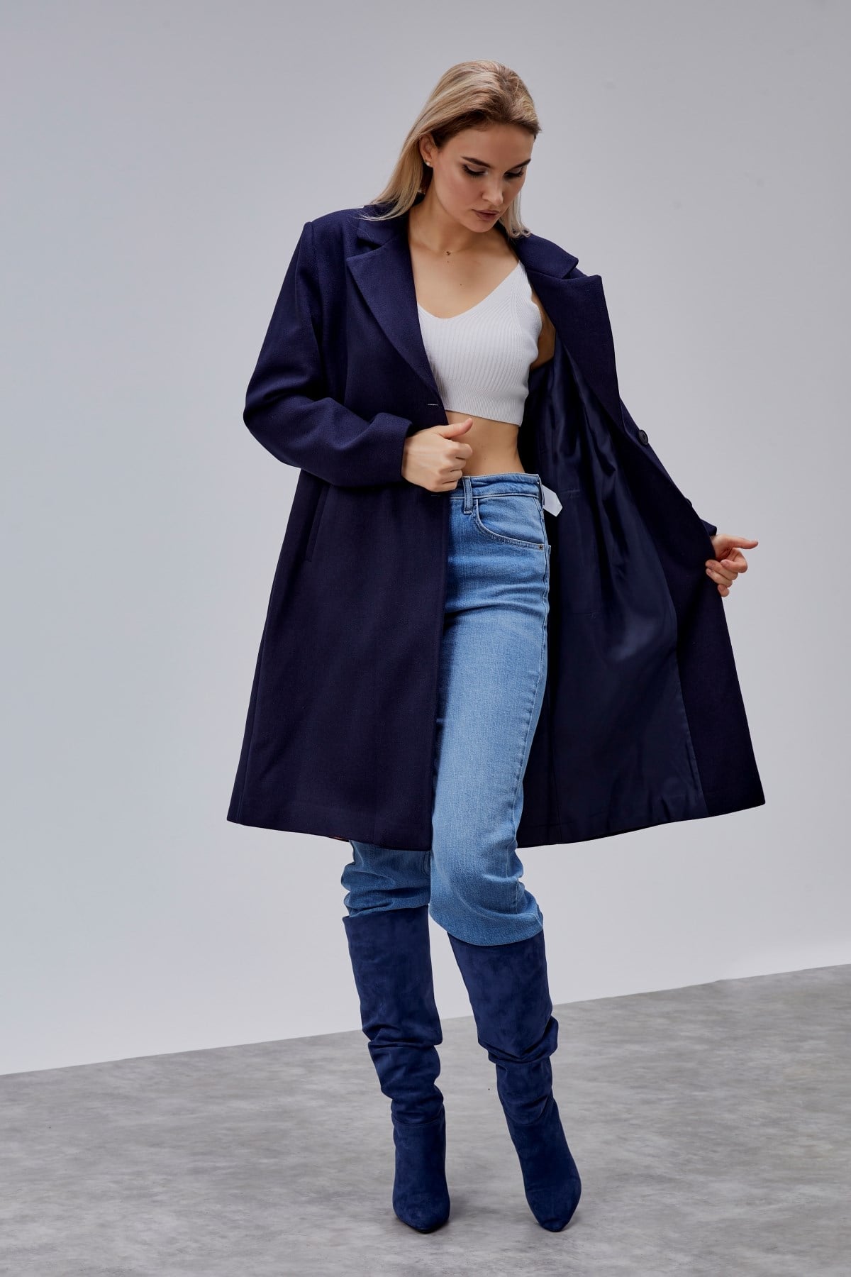 Rosalia Lacivert Oversize Kruvaze Kaşe Kaban