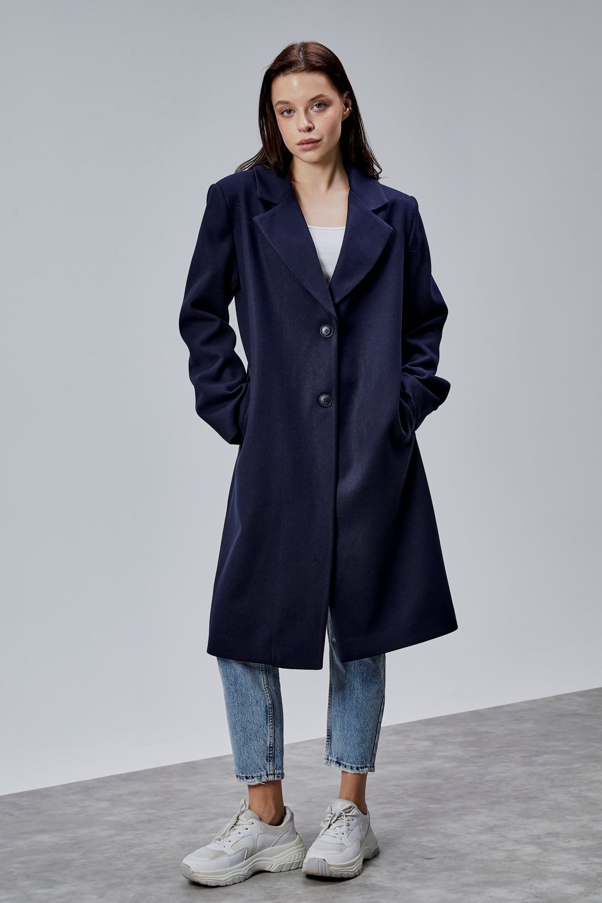 Rosalia Lacivert Oversize Kruvaze Kaşe Kaban