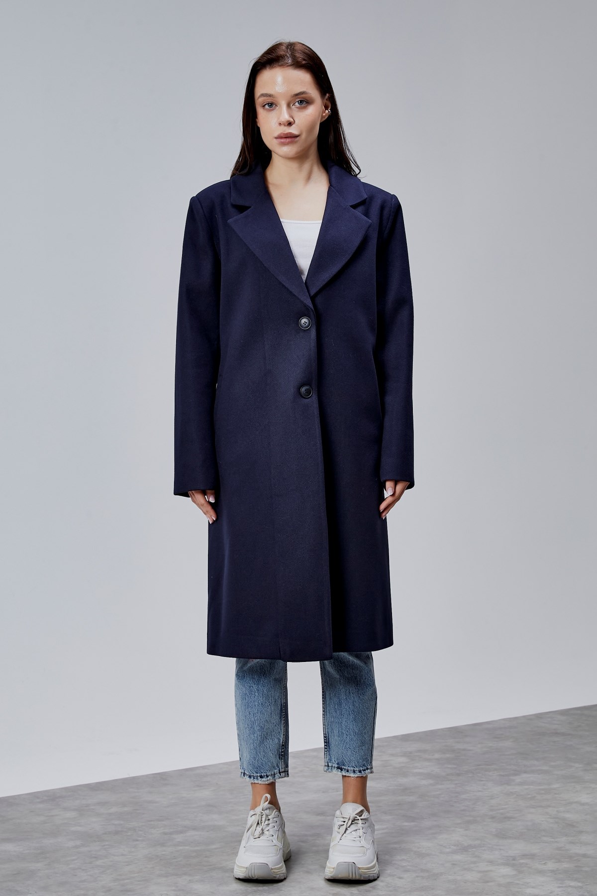 Rosalia Lacivert Oversize Kruvaze Kaşe Kaban