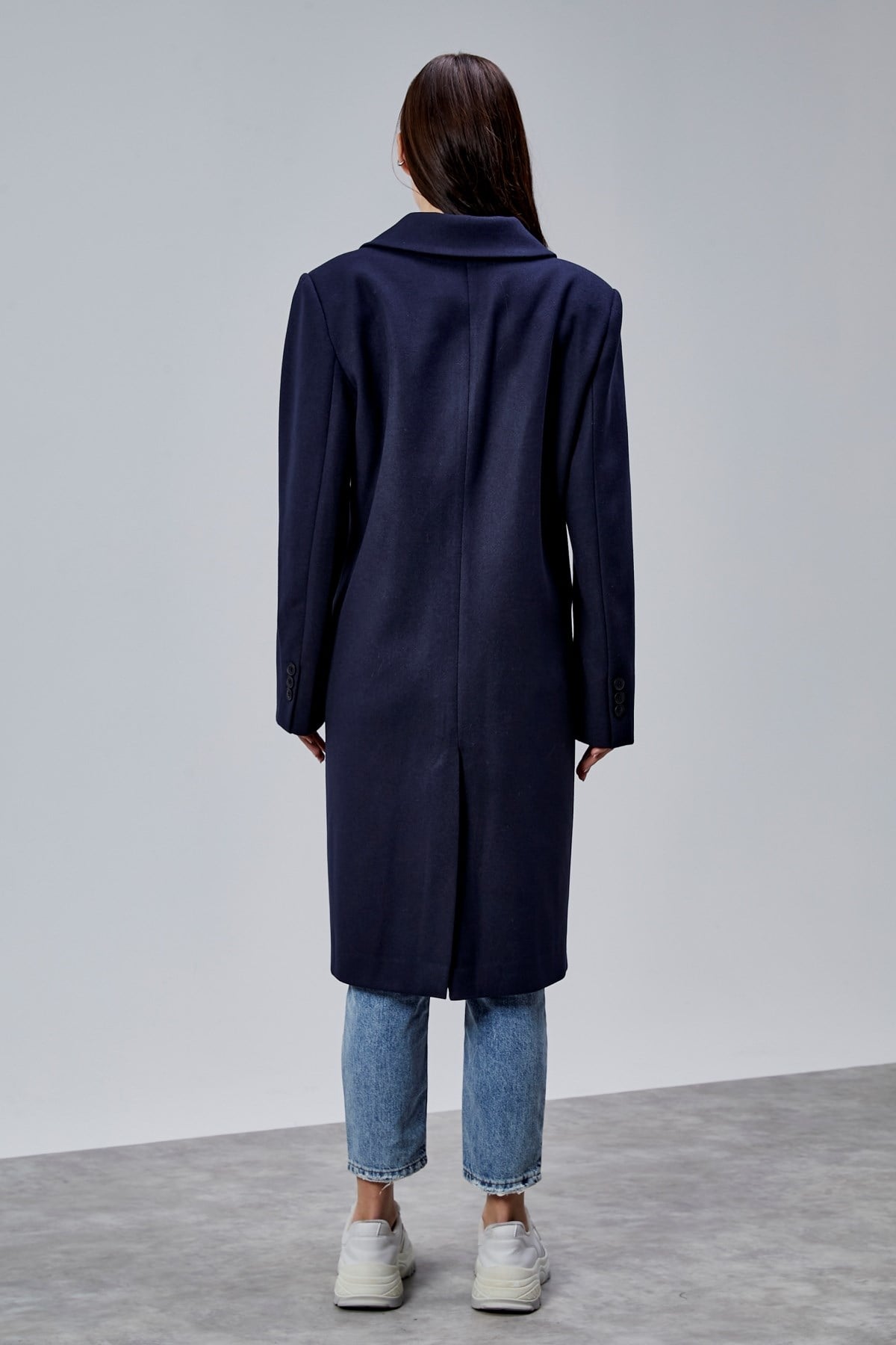 Rosalia Lacivert Oversize Kruvaze Kaşe Kaban