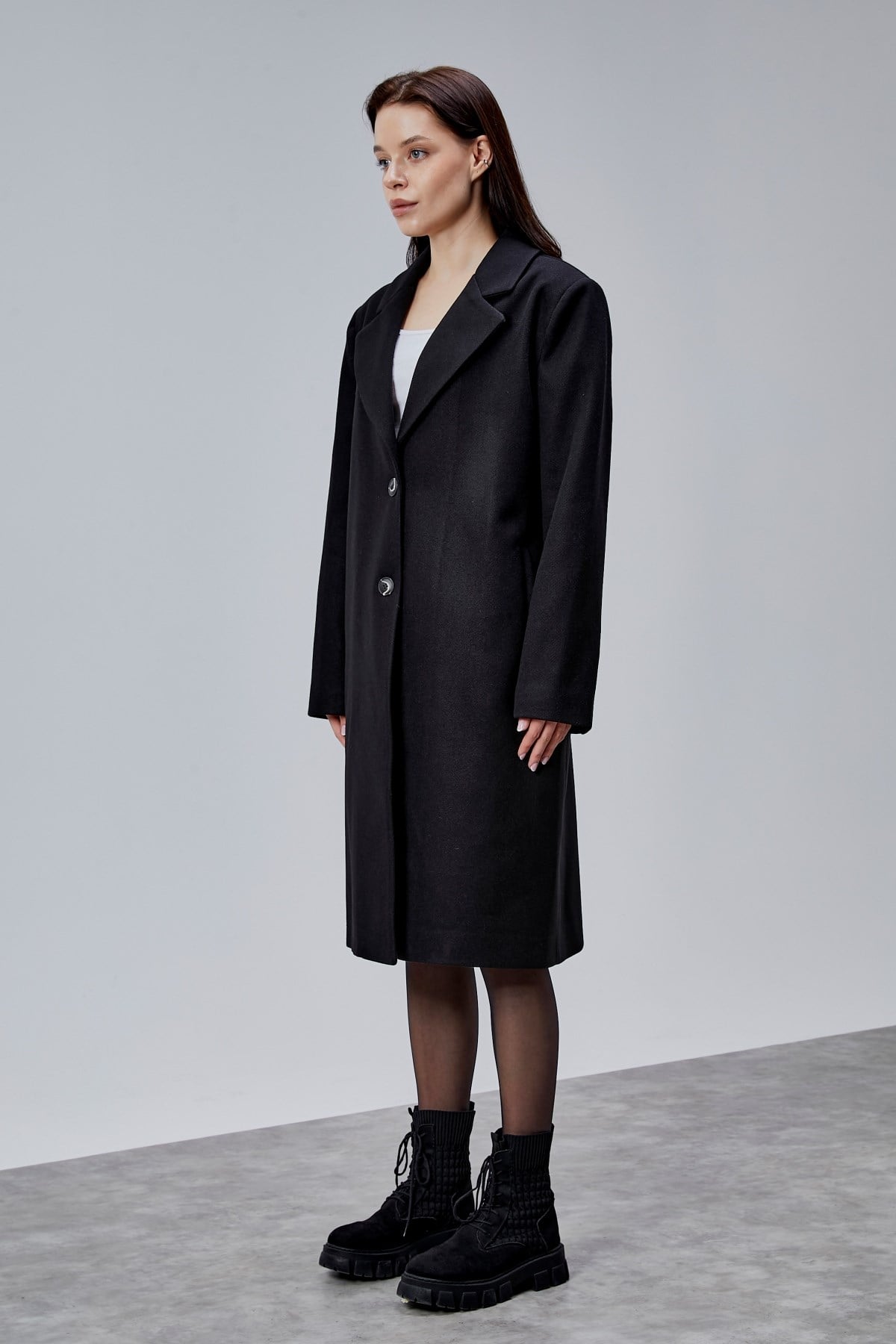 Rosalia Siyah Oversize Kruvaze Kaşe Kaban
