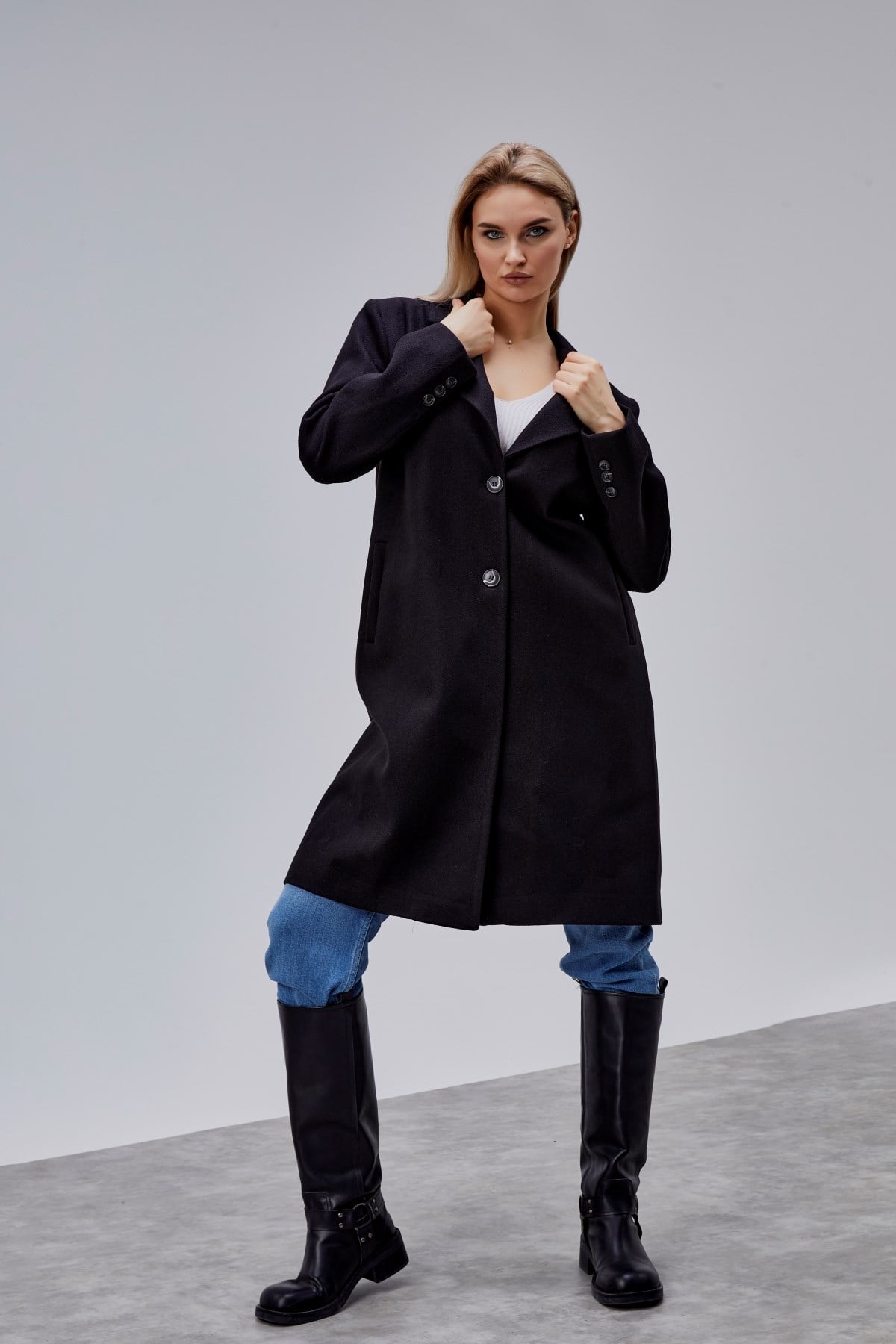 Rosalia Siyah Oversize Kruvaze Kaşe Kaban