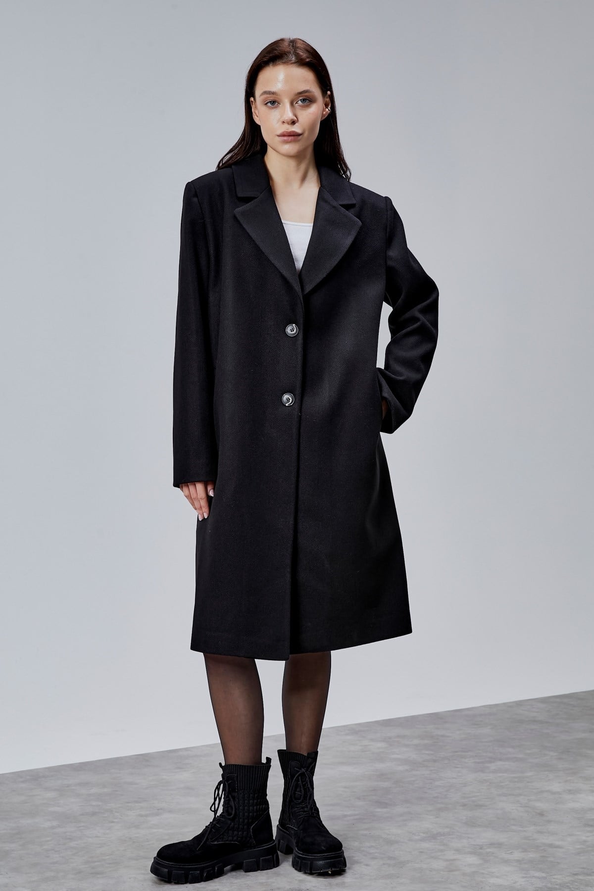 Rosalia Siyah Oversize Kruvaze Kaşe Kaban