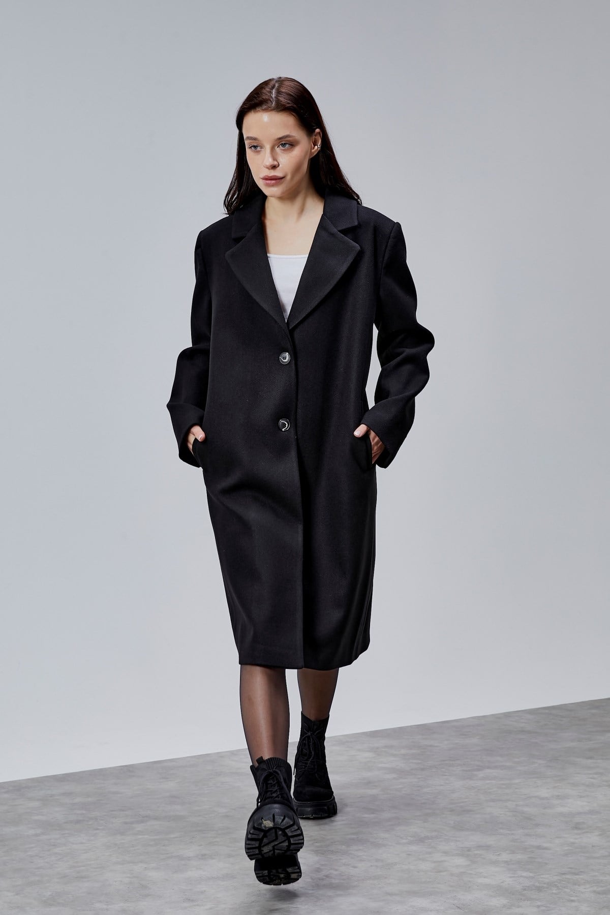 Rosalia Siyah Oversize Kruvaze Kaşe Kaban