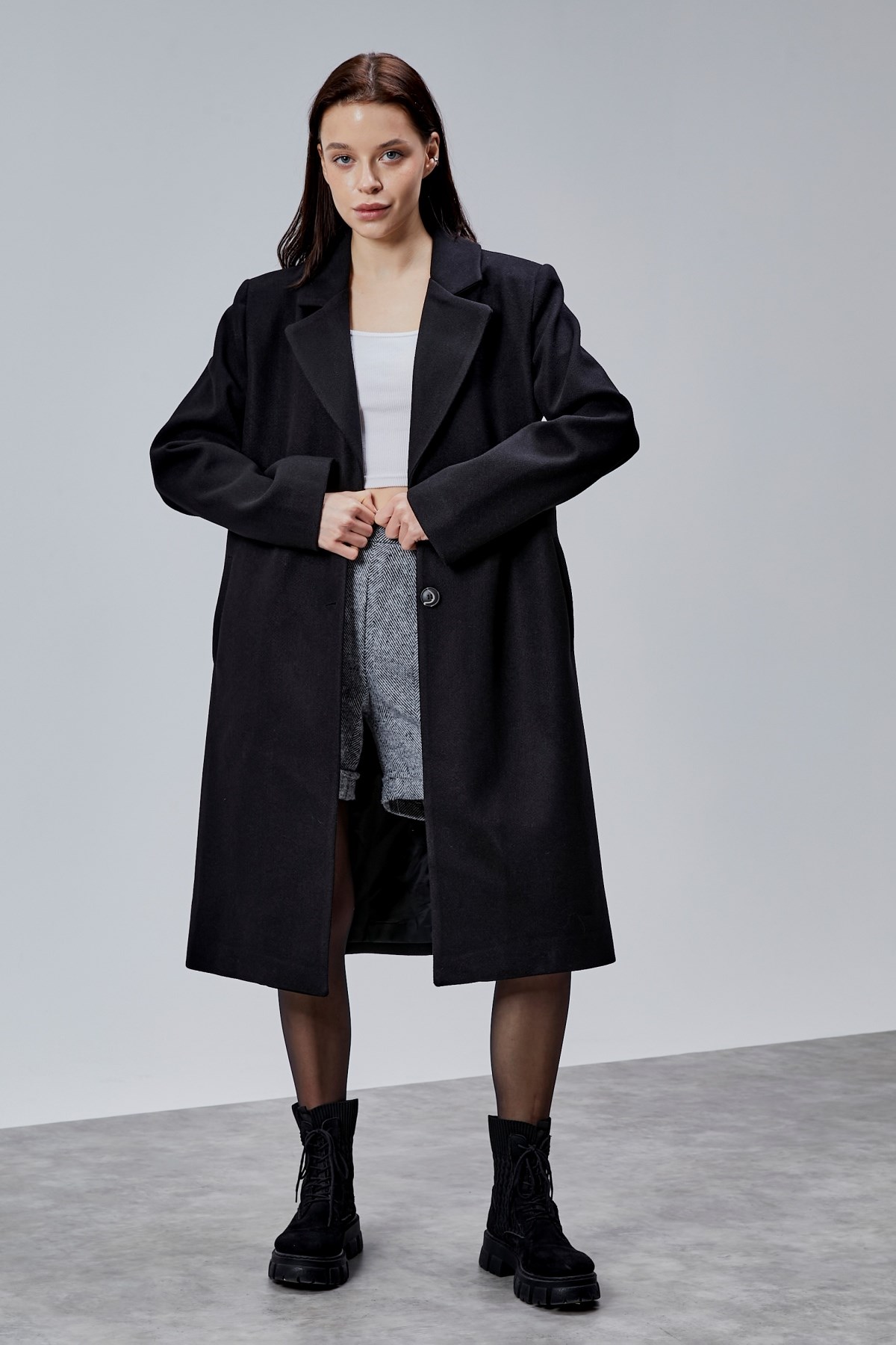 Rosalia Siyah Oversize Kruvaze Kaşe Kaban