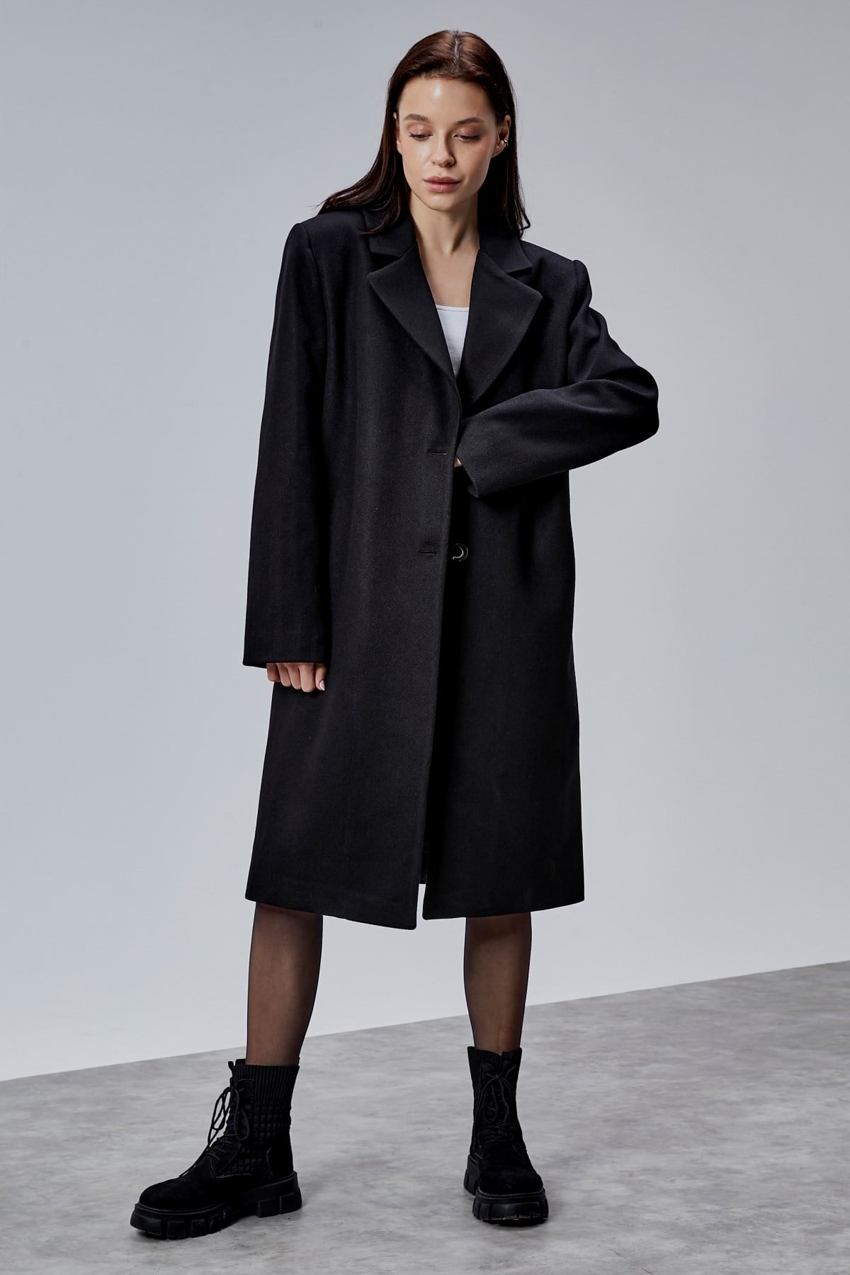 Rosalia Siyah Oversize Kruvaze Kaşe Kaban