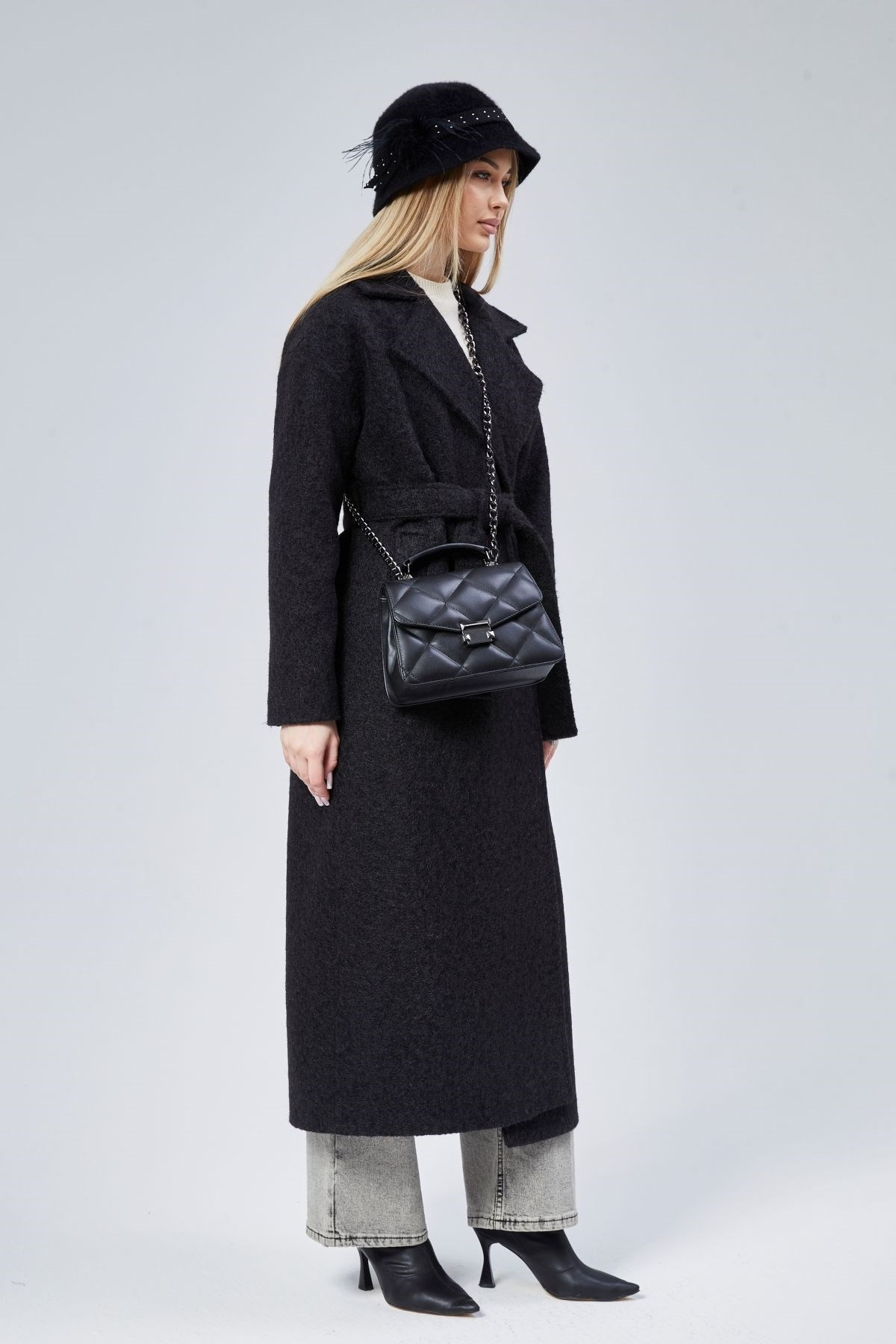 Siyah Buklet Kaşe Oversize Kaban