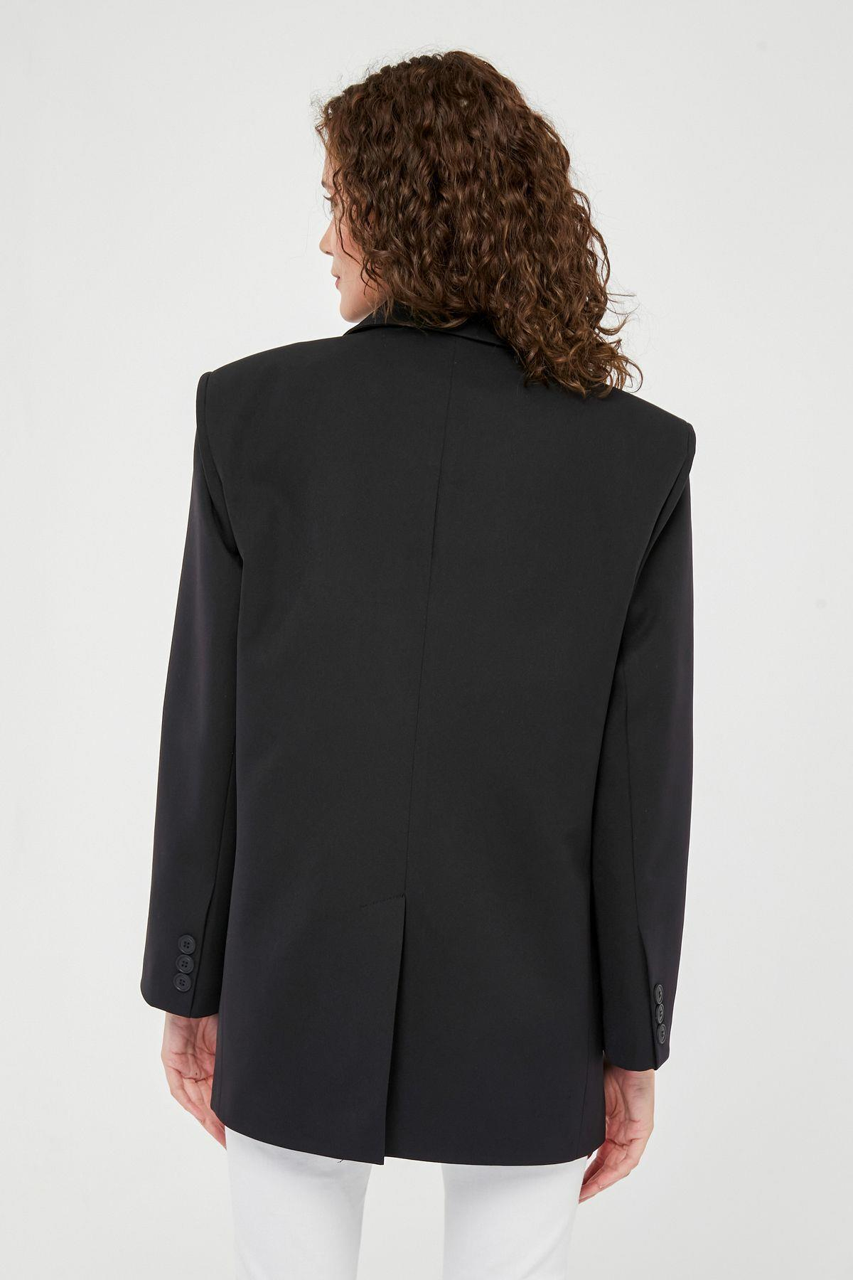 Siyah Kadın Düğmeli Oversize Blazer Ceket