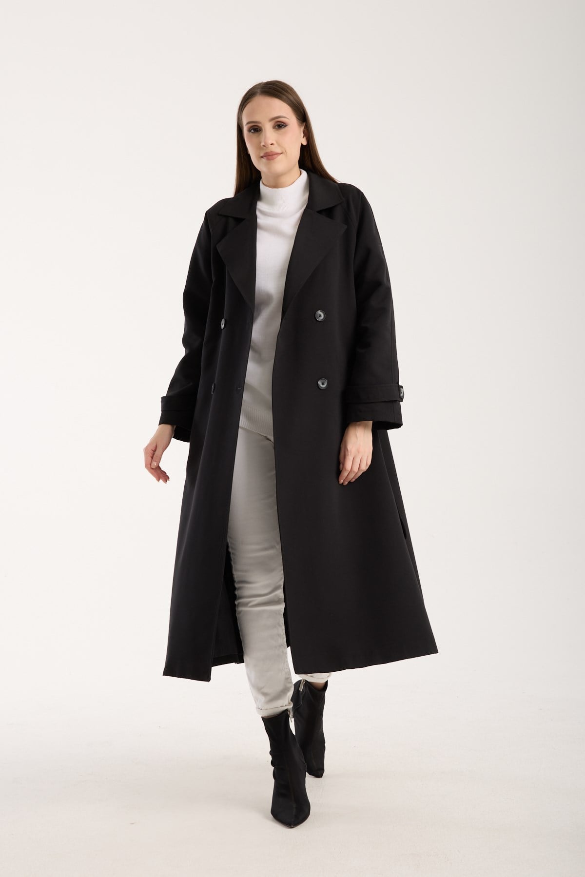 Siyah Kemerli Oversize Astarlı Trençkot 46159