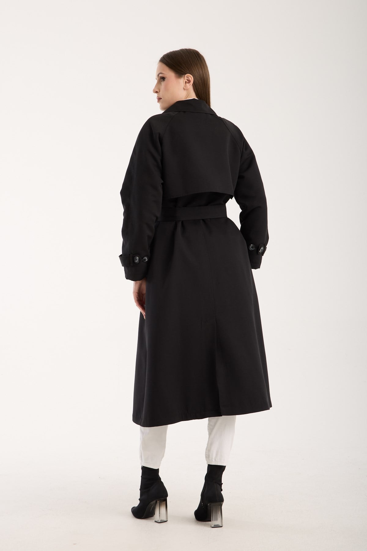Siyah Kemerli Oversize Astarlı Trençkot 46159