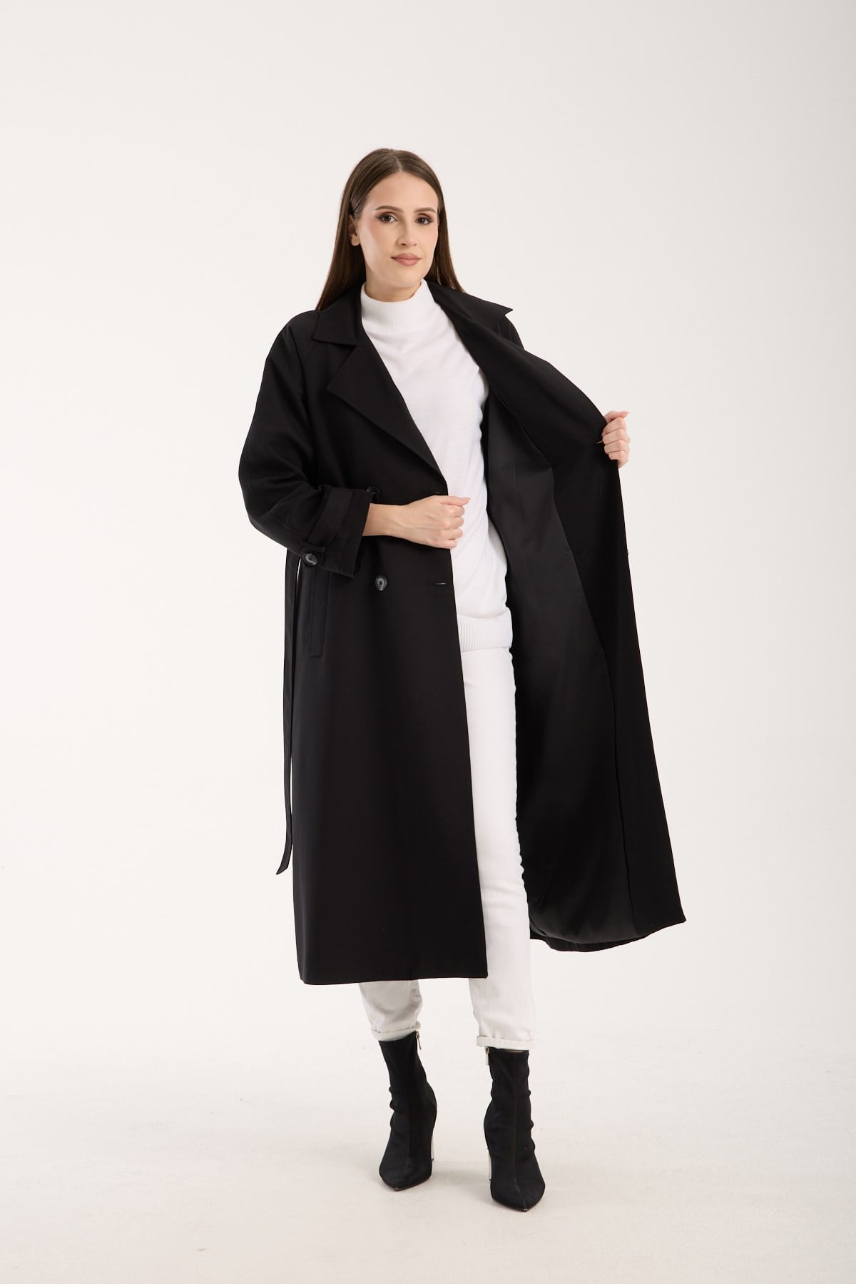 Siyah Kemerli Oversize Astarlı Trençkot 46159