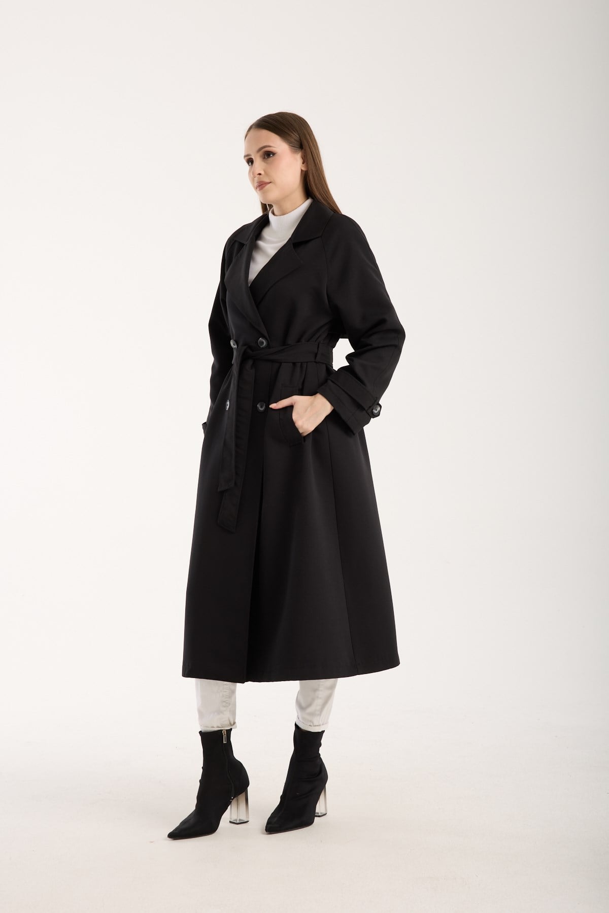Siyah Kemerli Oversize Astarlı Trençkot 46159