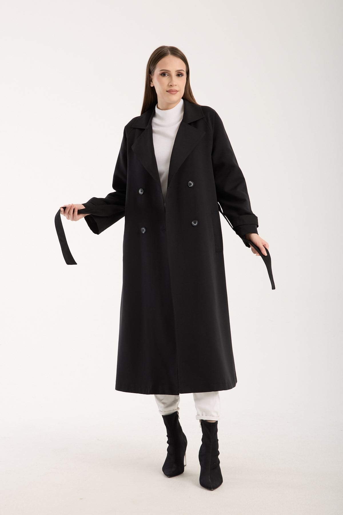 Siyah Kemerli Oversize Astarlı Trençkot 46159
