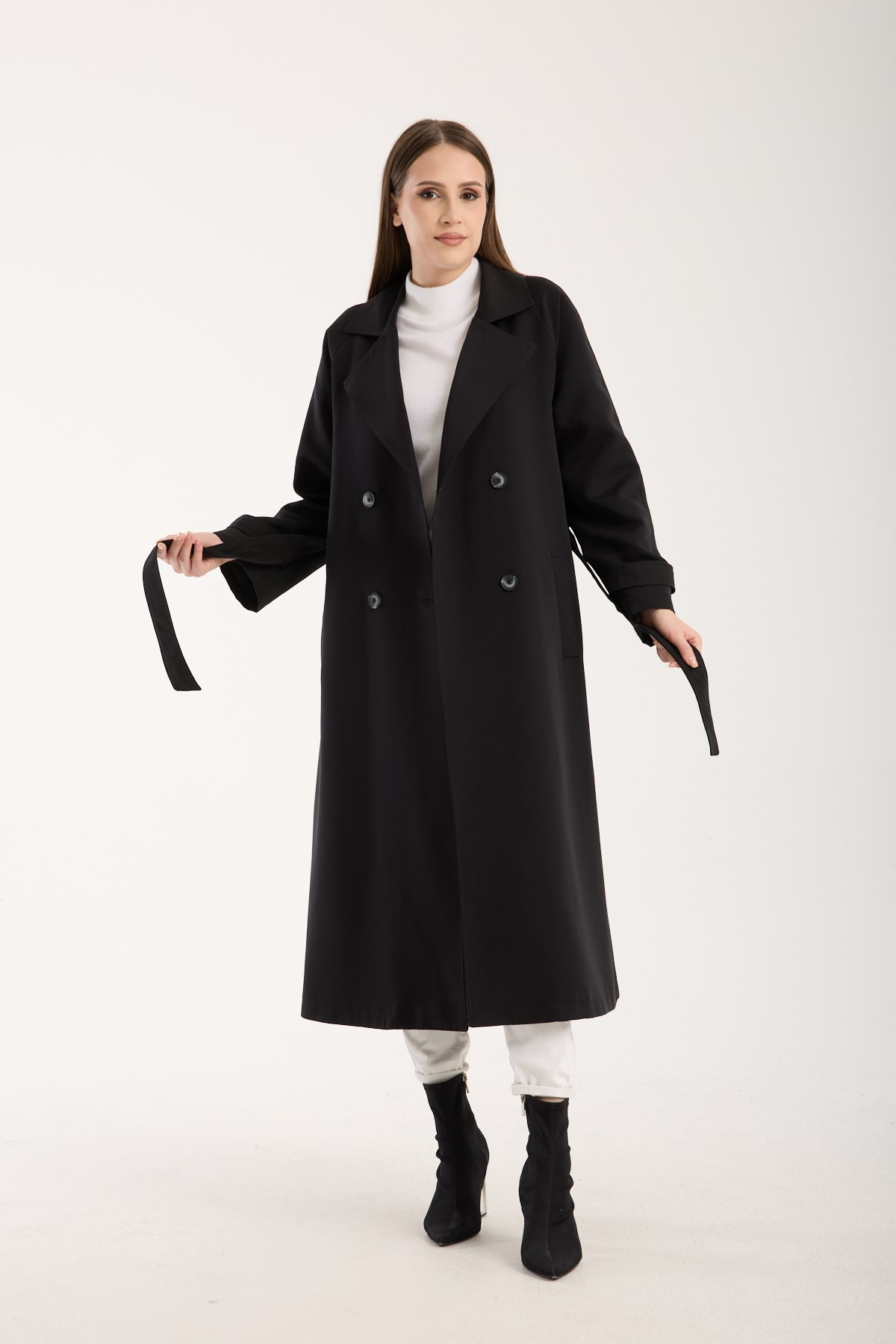 Siyah Kemerli Oversize Astarlı Trençkot 46159