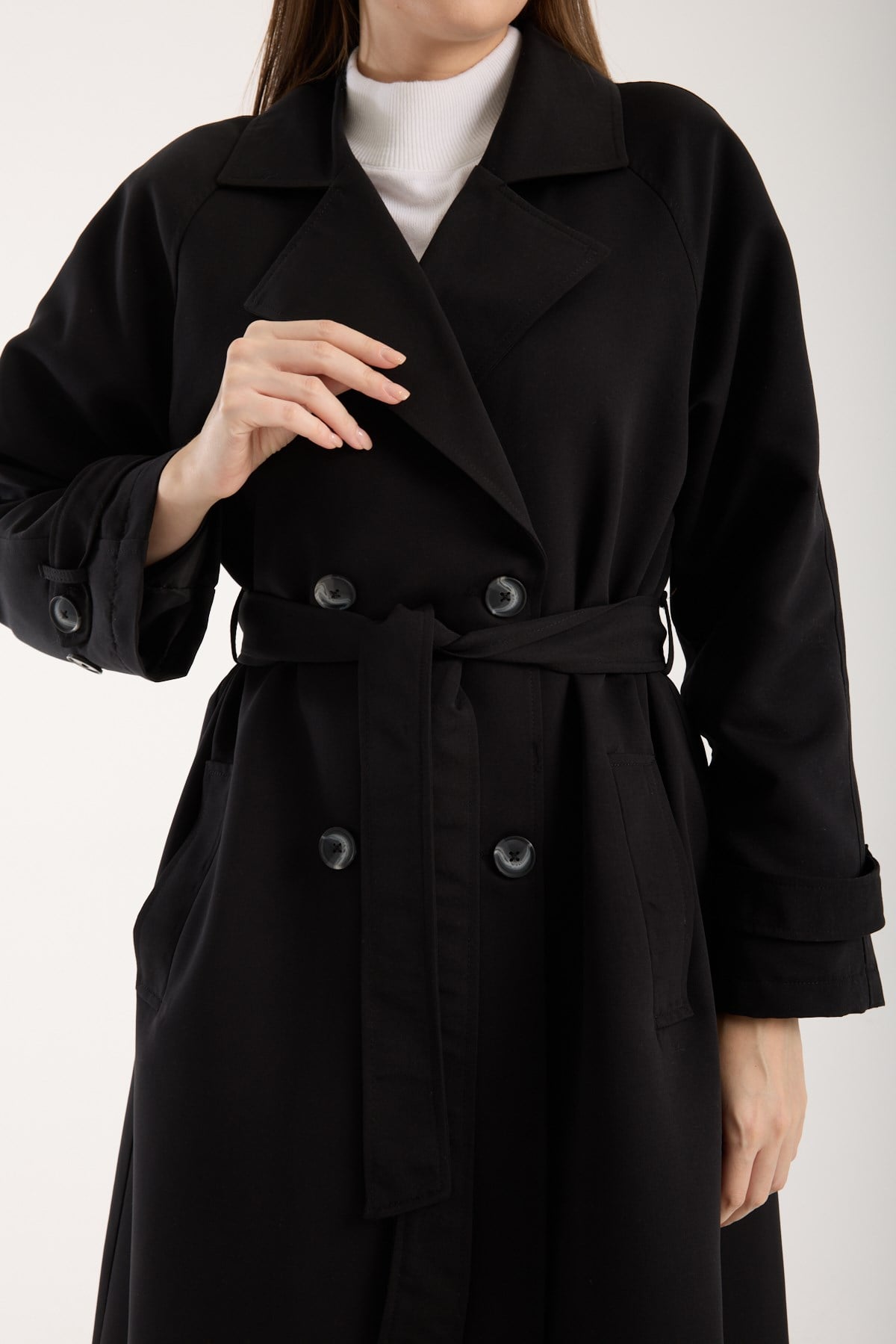 Siyah Kemerli Oversize Astarlı Trençkot 46159