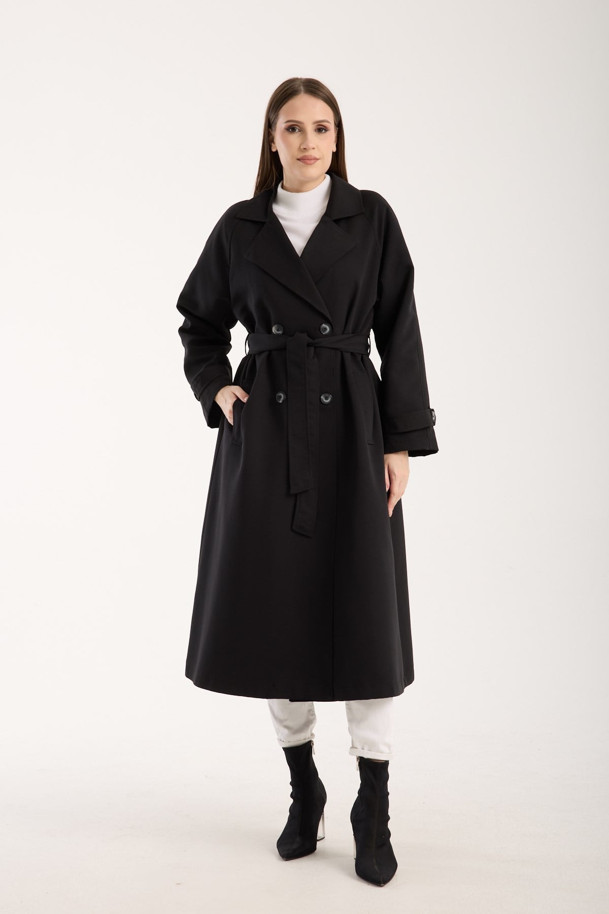 Siyah Kemerli Oversize Astarlı Trençkot 46159