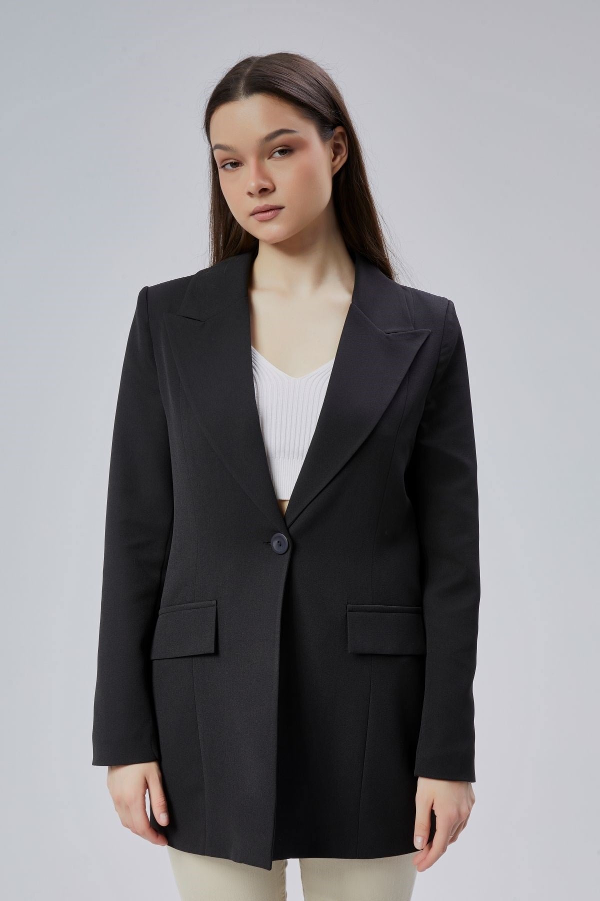 Siyah Kruvaze Uzun Blazer Ceket