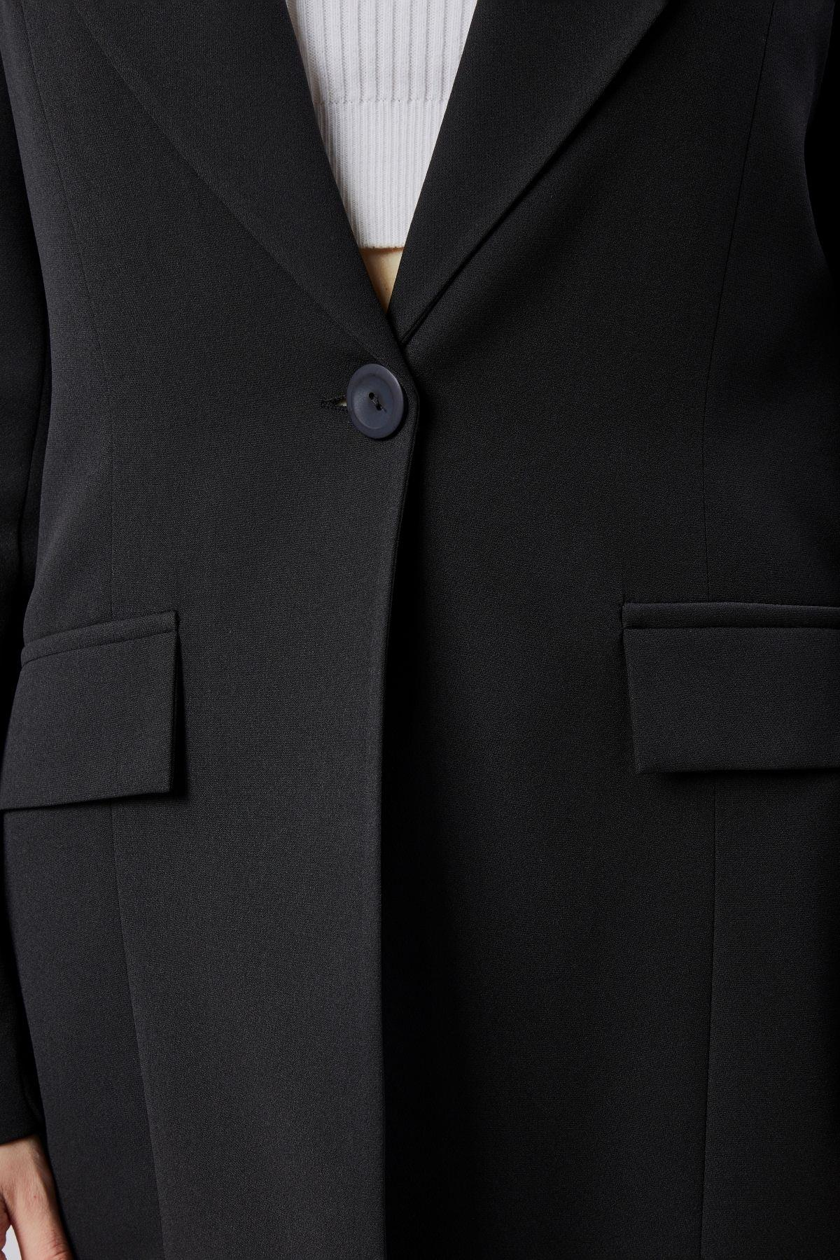 Siyah Kruvaze Uzun Blazer Ceket