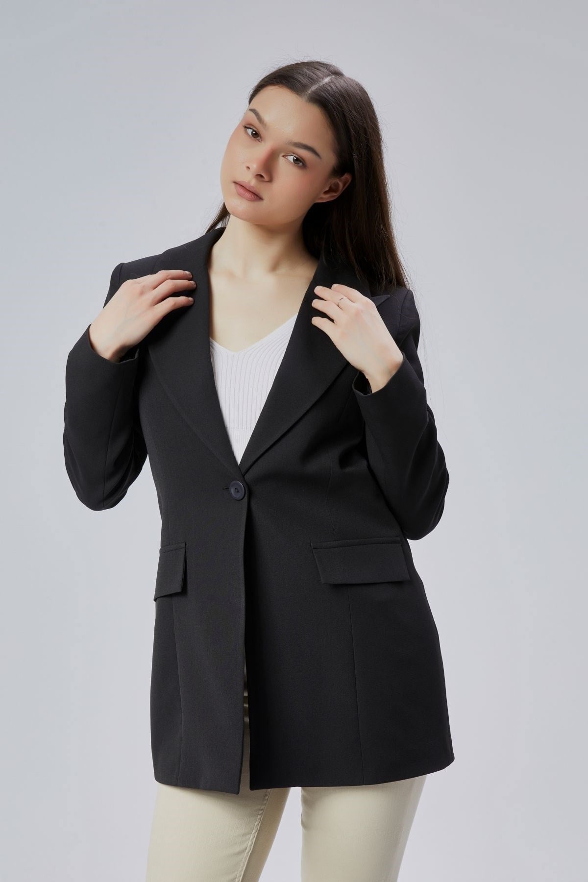 Siyah Kruvaze Uzun Blazer Ceket