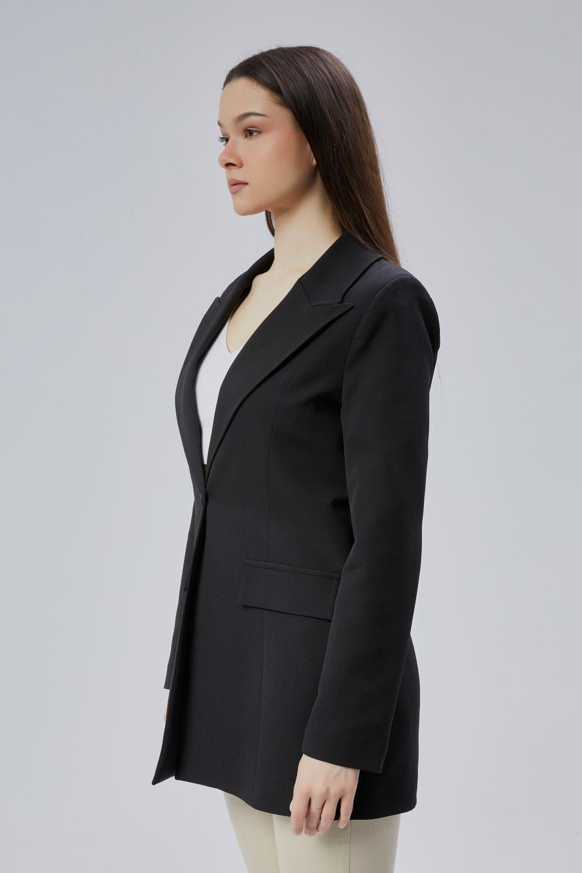 Siyah Kruvaze Uzun Blazer Ceket