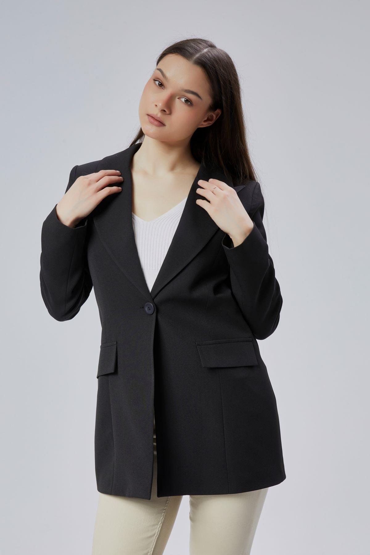 Siyah Kruvaze Uzun Blazer Ceket