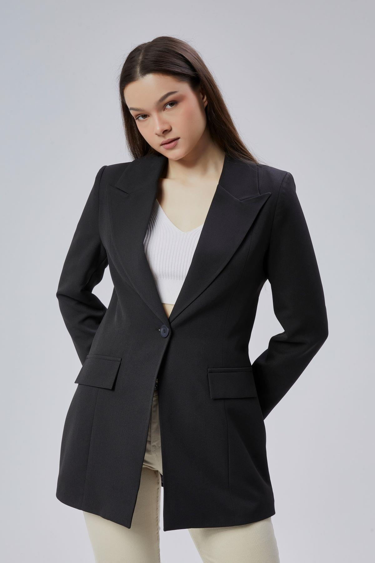 Siyah Kruvaze Uzun Blazer Ceket