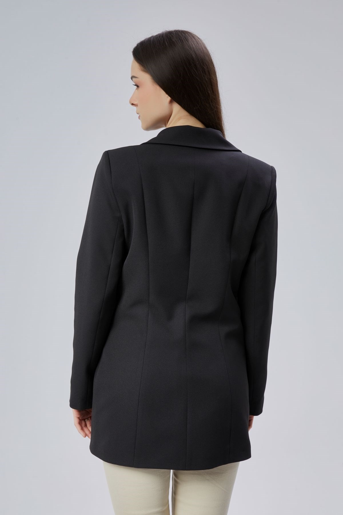 Siyah Kruvaze Uzun Blazer Ceket