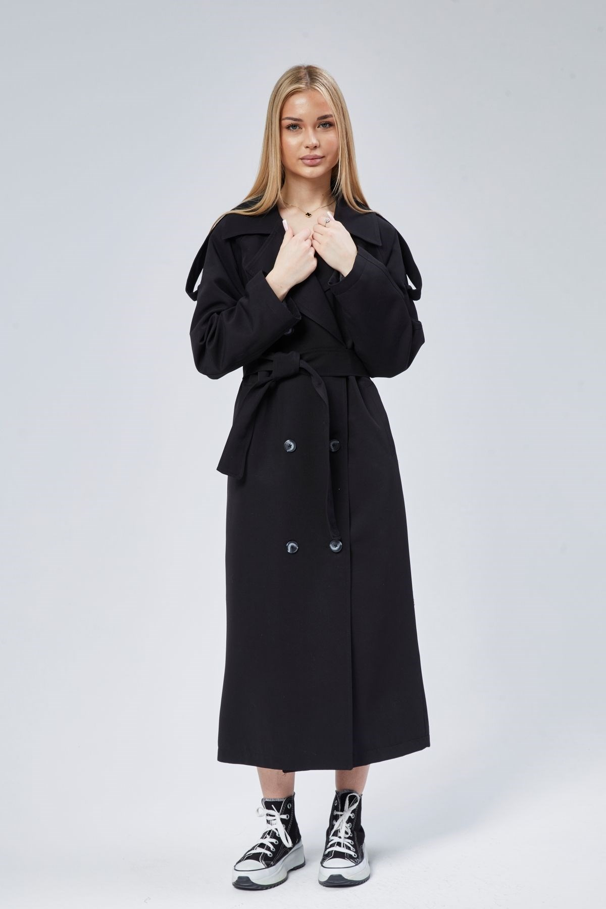 Siyah Oversize Astarlı Uzun Trençkot