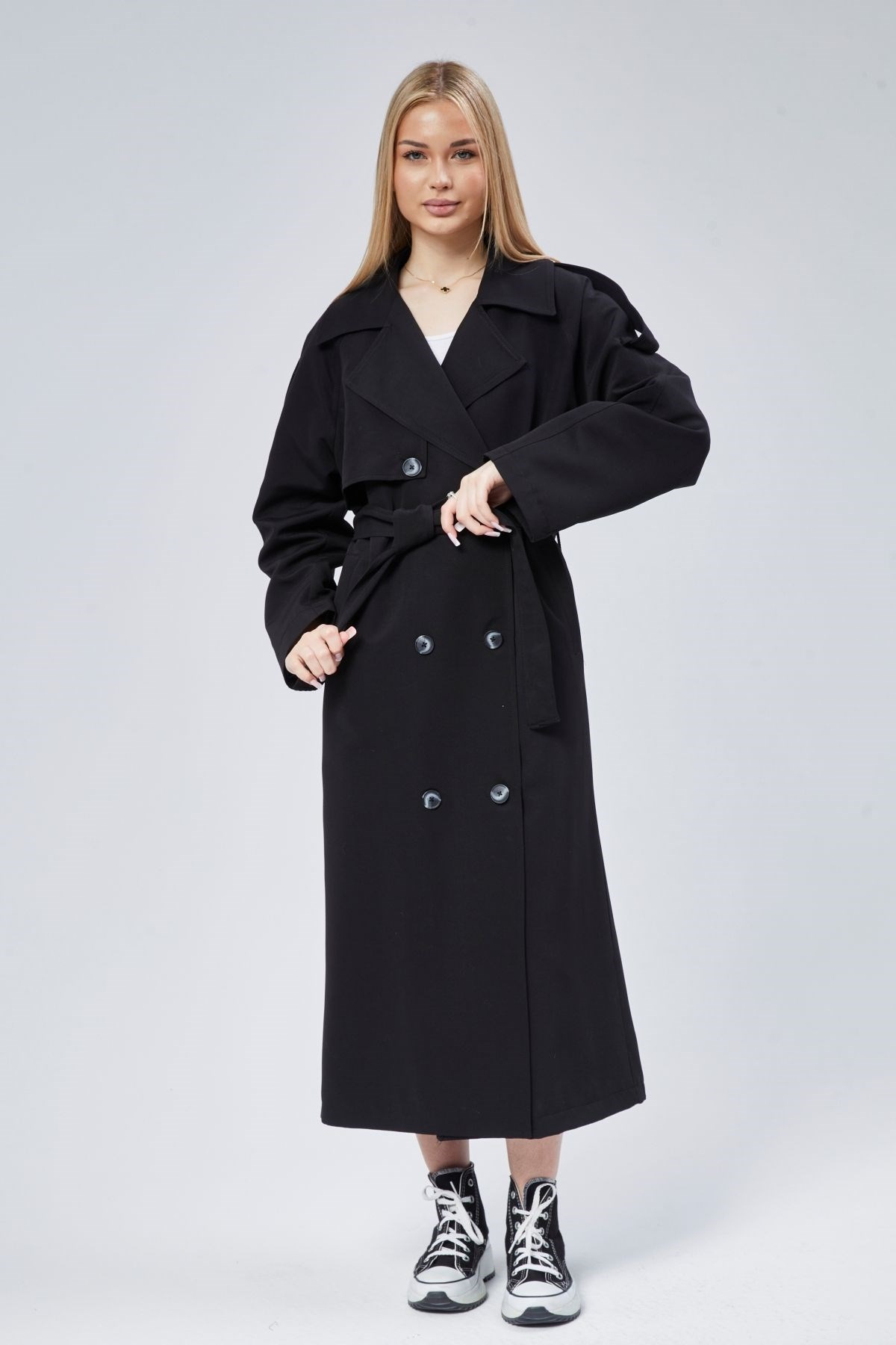 Siyah Oversize Astarlı Uzun Trençkot