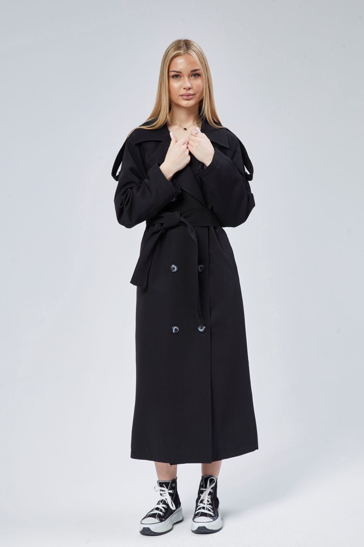 Siyah Oversize Astarlı Uzun Trençkot