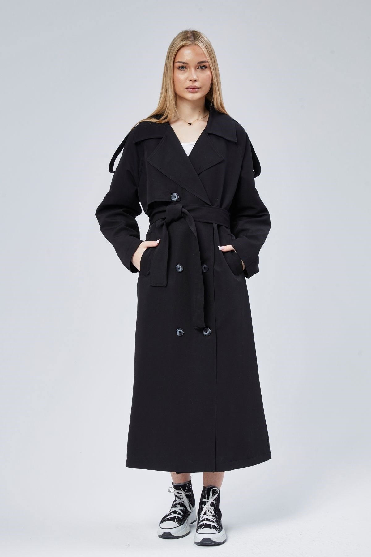 Siyah Oversize Astarlı Uzun Trençkot