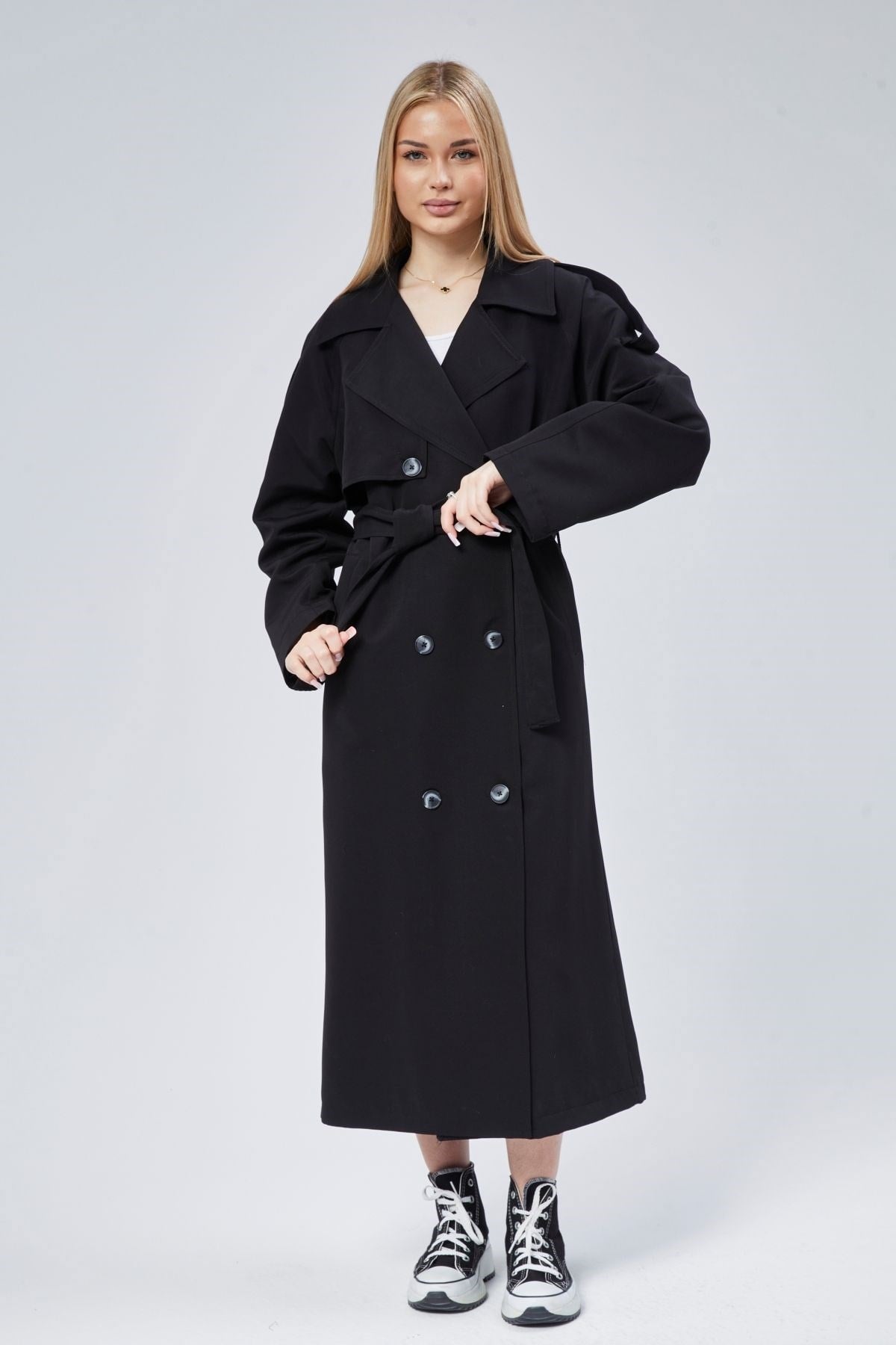 Siyah Oversize Astarlı Uzun Trençkot