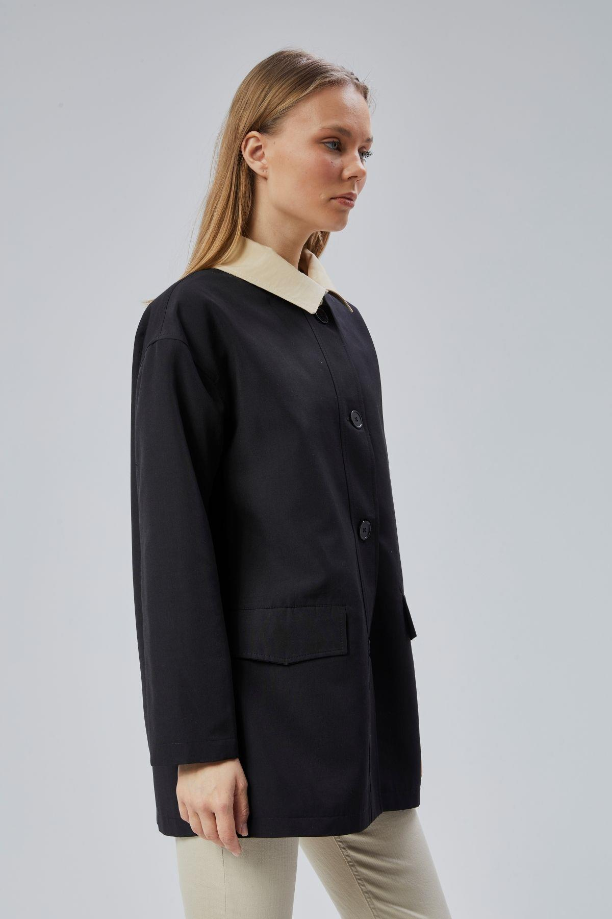 Siyah Oversize Casual Midi Trençkot