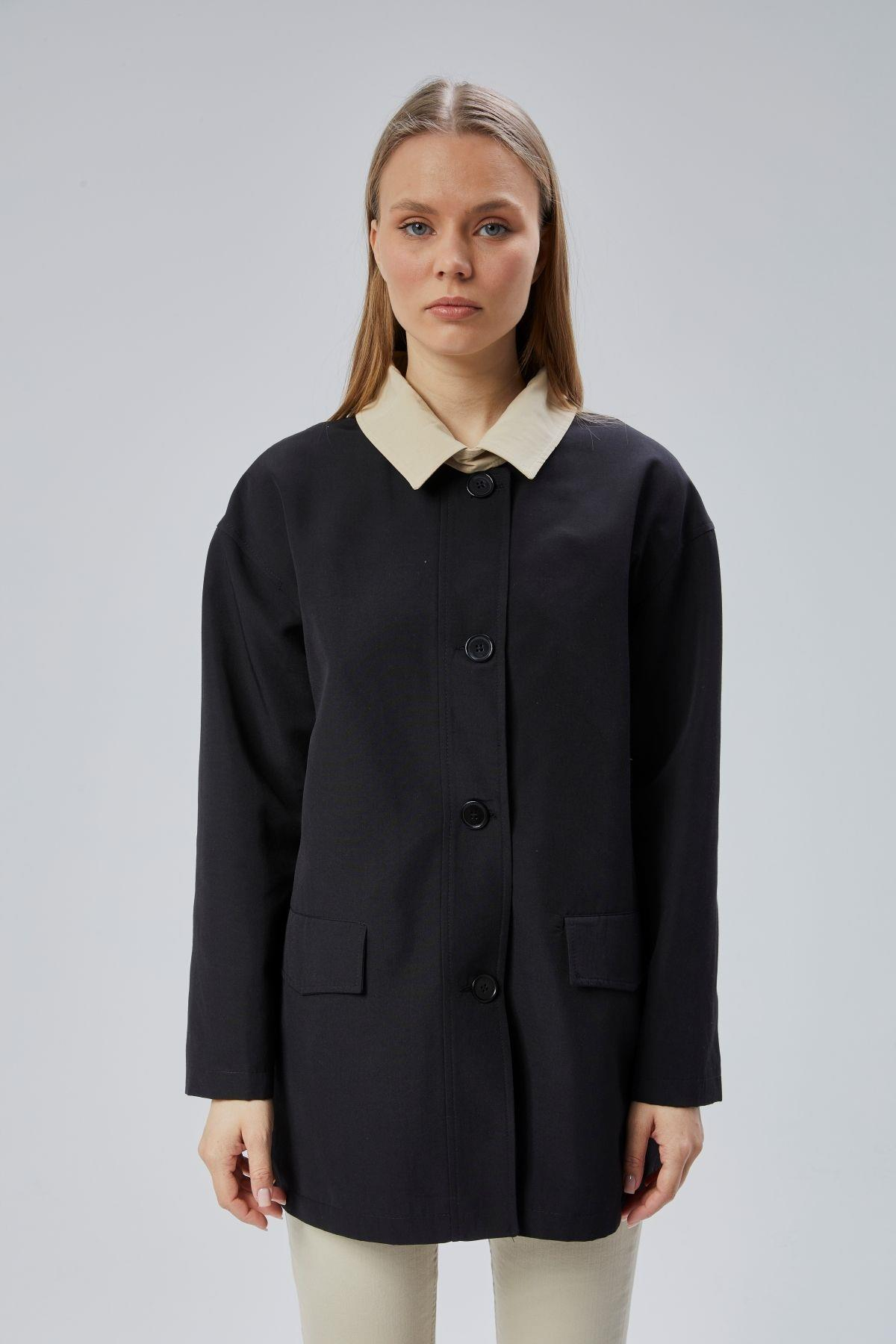 Siyah Oversize Casual Midi Trençkot