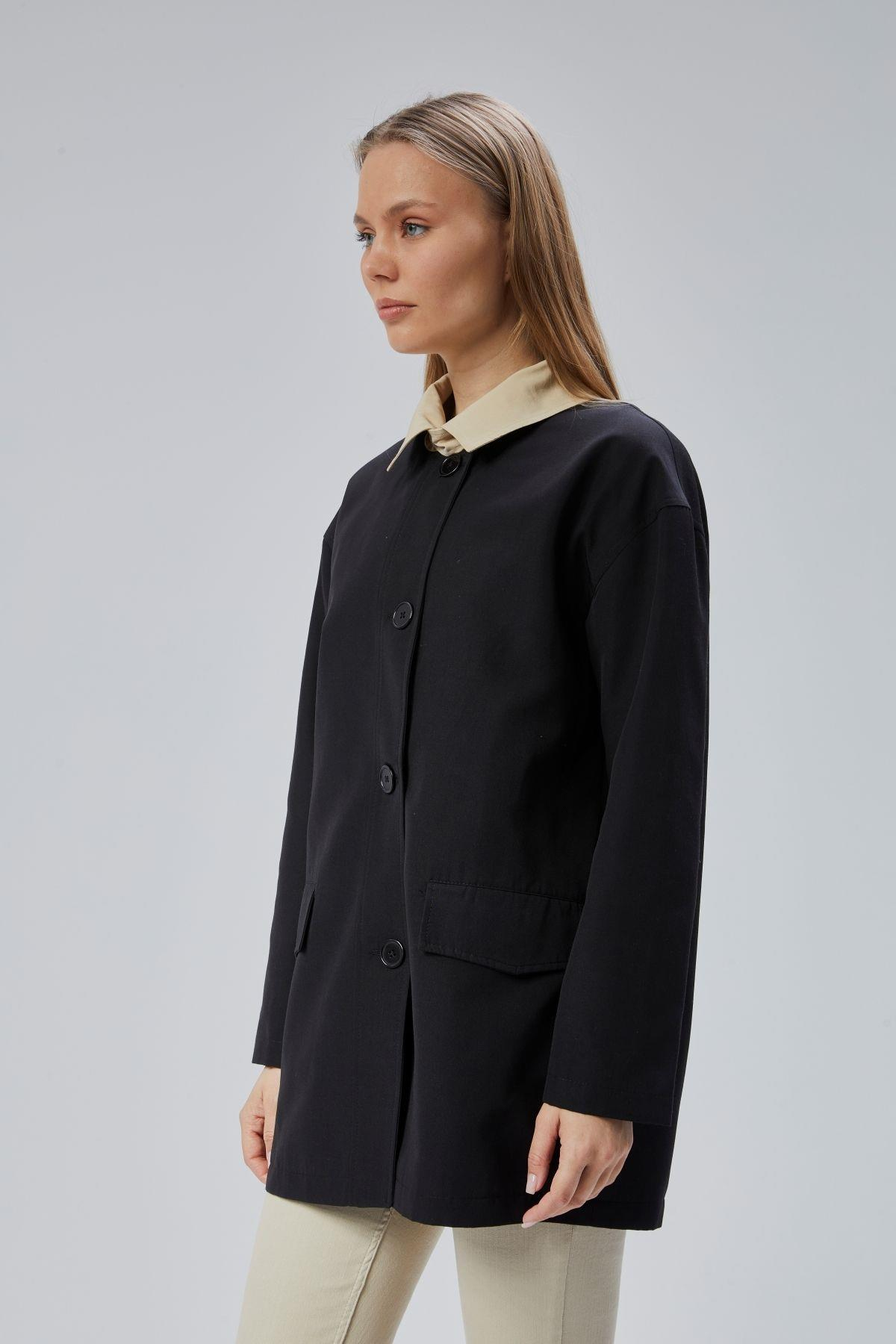 Siyah Oversize Casual Midi Trençkot