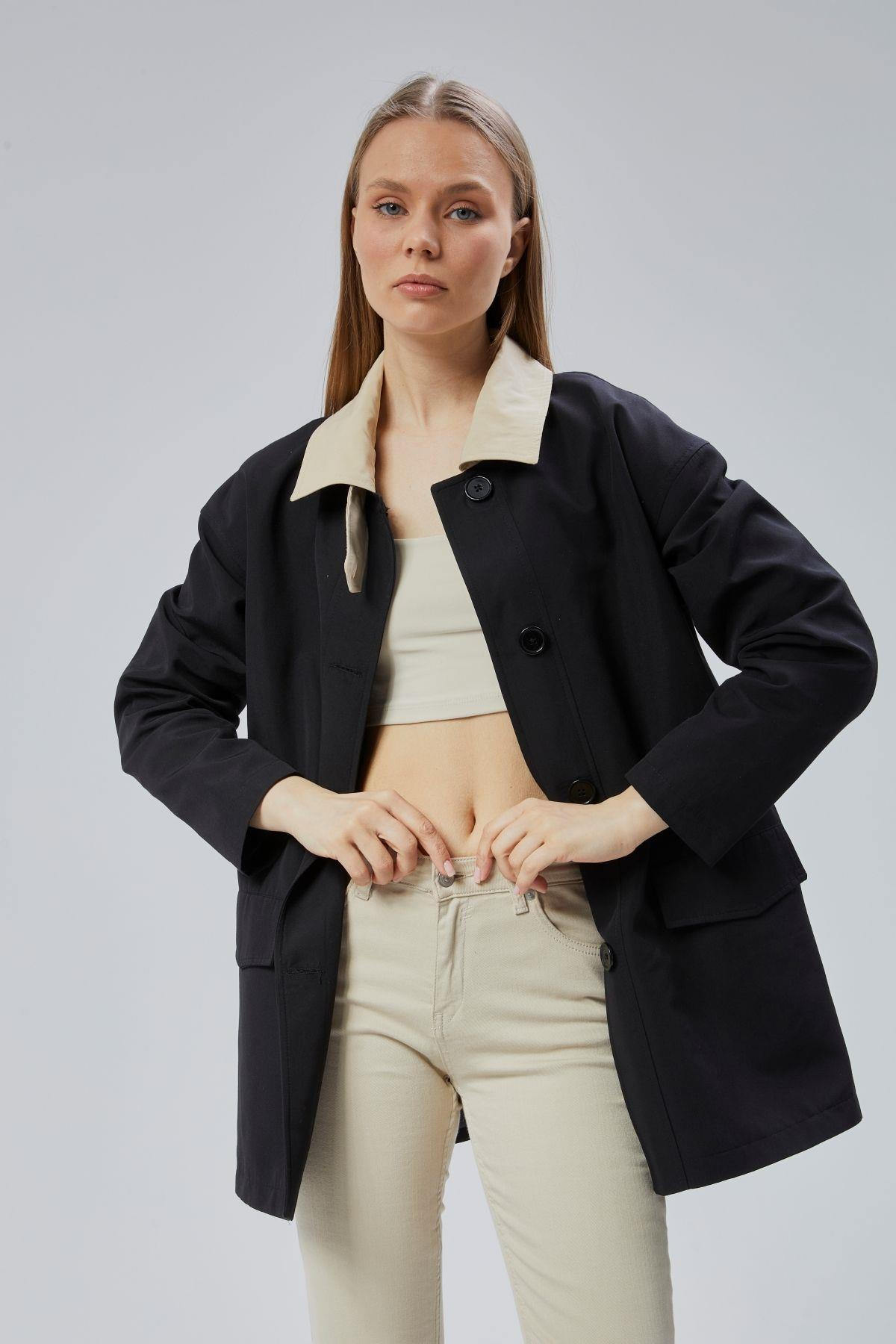 Siyah Oversize Casual Midi Trençkot