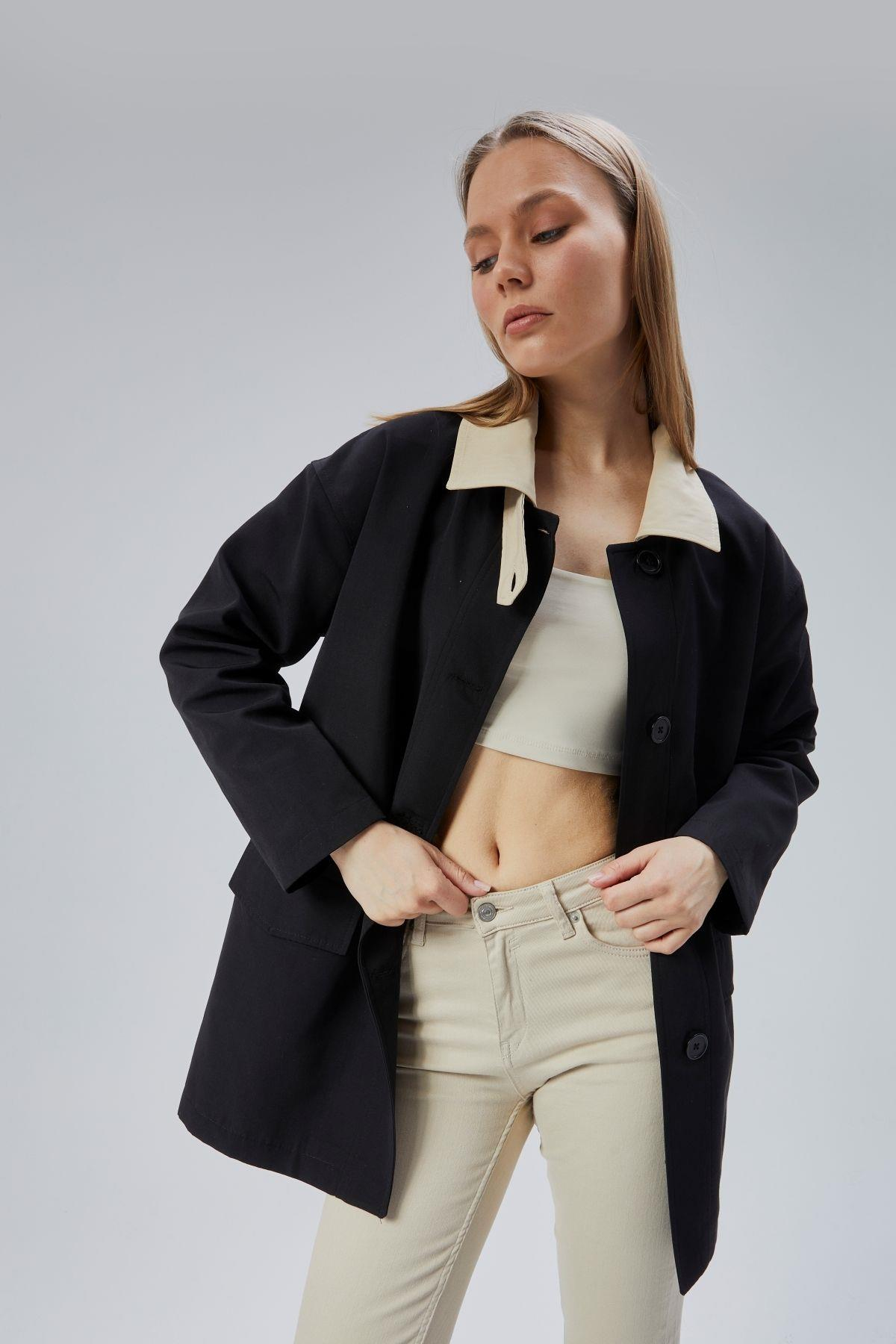 Siyah Oversize Casual Midi Trençkot