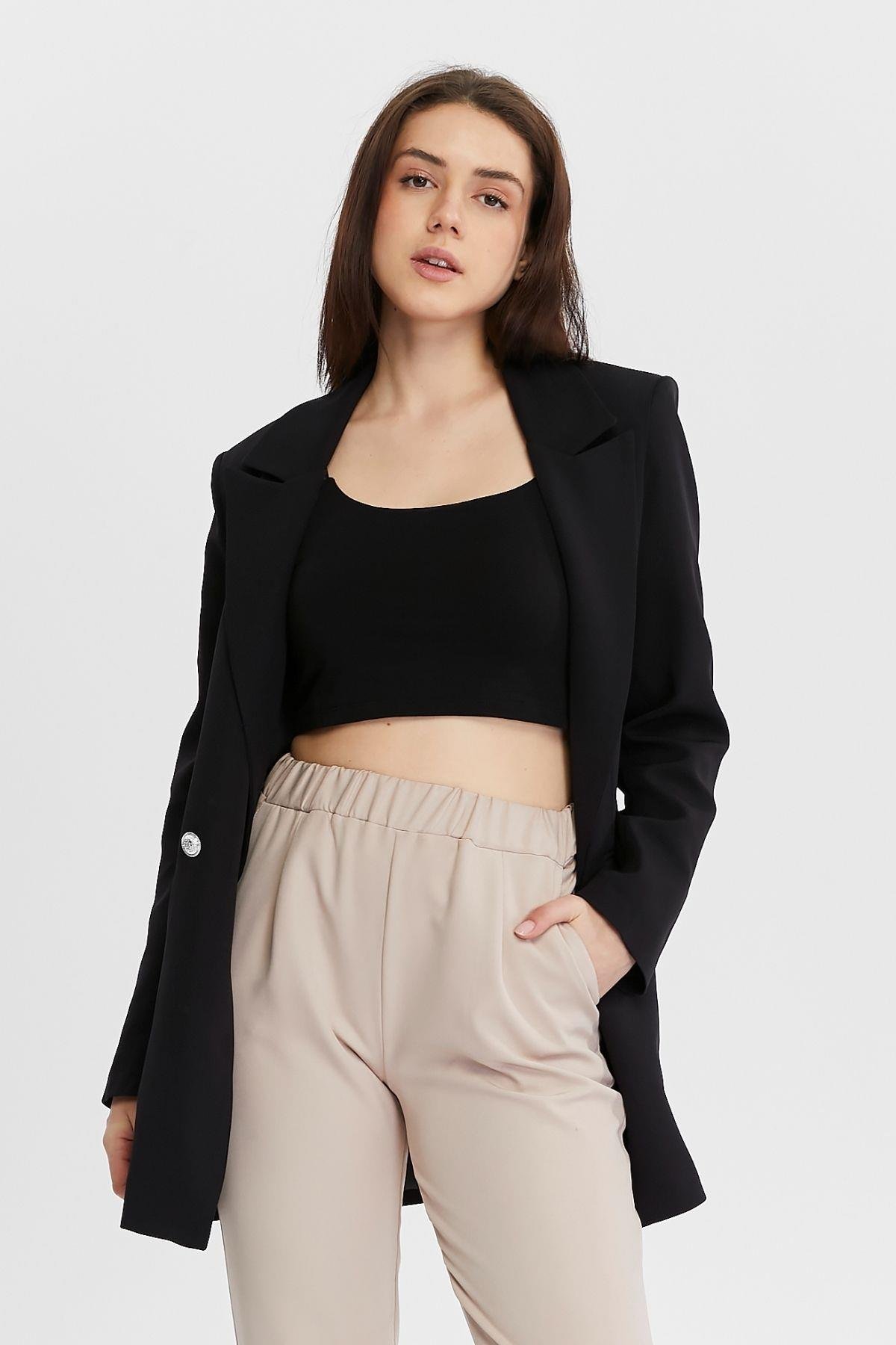 Siyah Oversize Dokuma Blazer Ceket