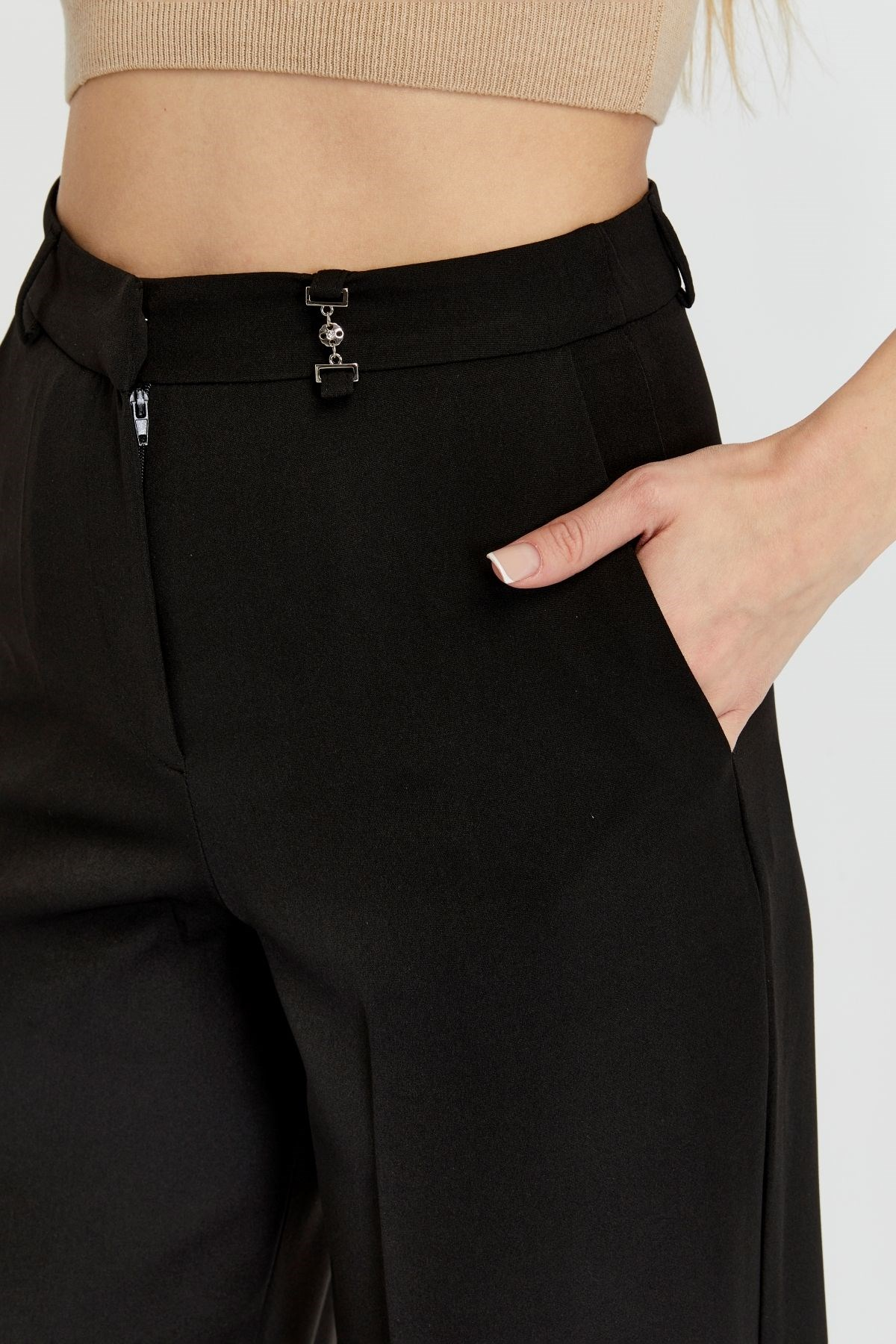 Siyah Palazzo Geniş Paça Dokuma Kumaş Pantolon