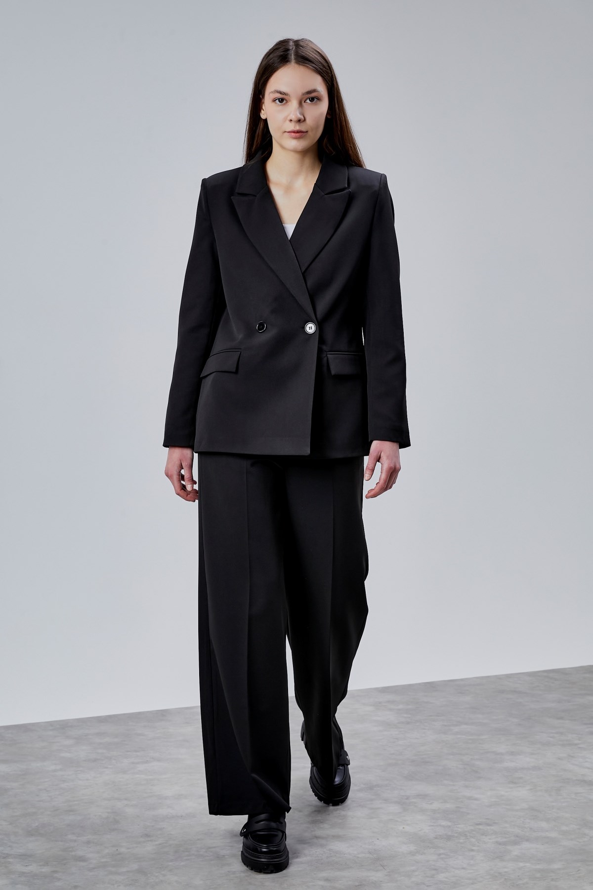 Siyah Palazzo Pantolon Blazer Ceket Takım