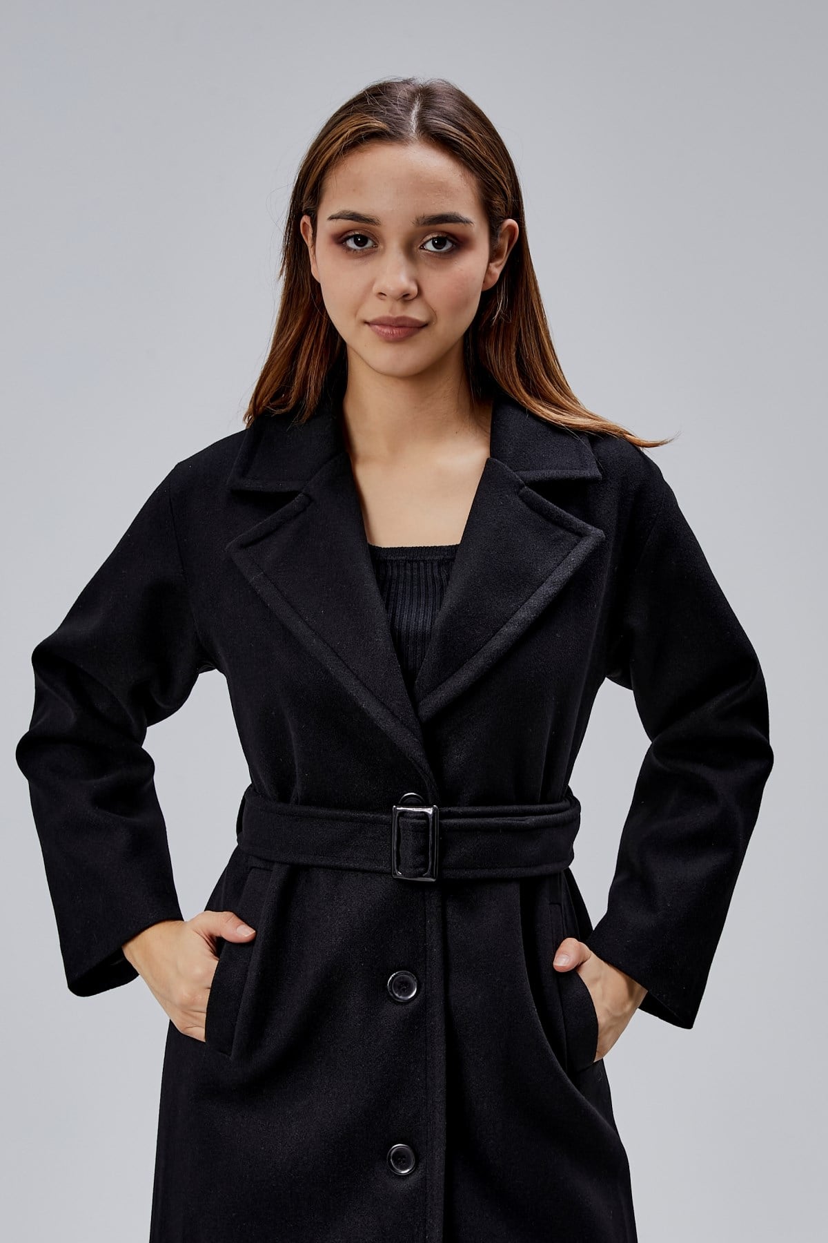 Siyah Premium Oversize Kemerli Kaşe Kaban