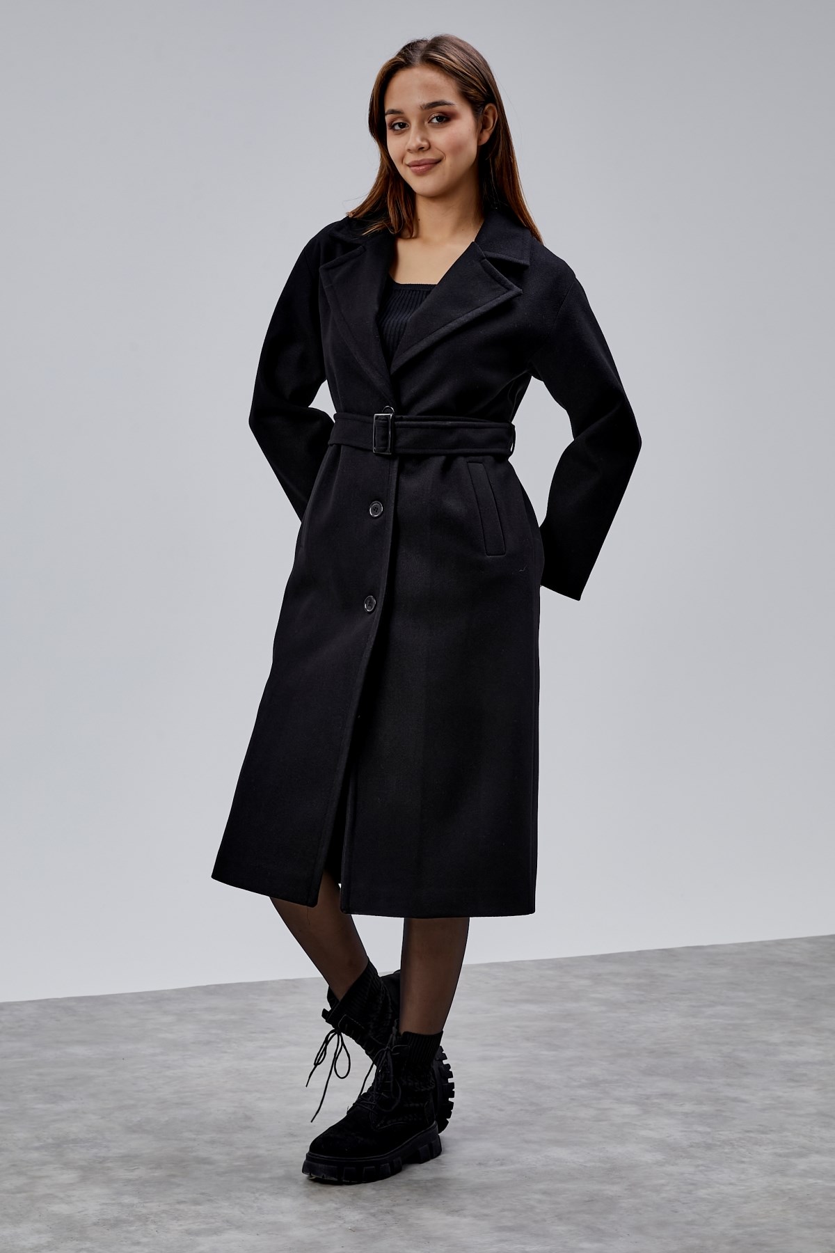 Siyah Premium Oversize Kemerli Kaşe Kaban